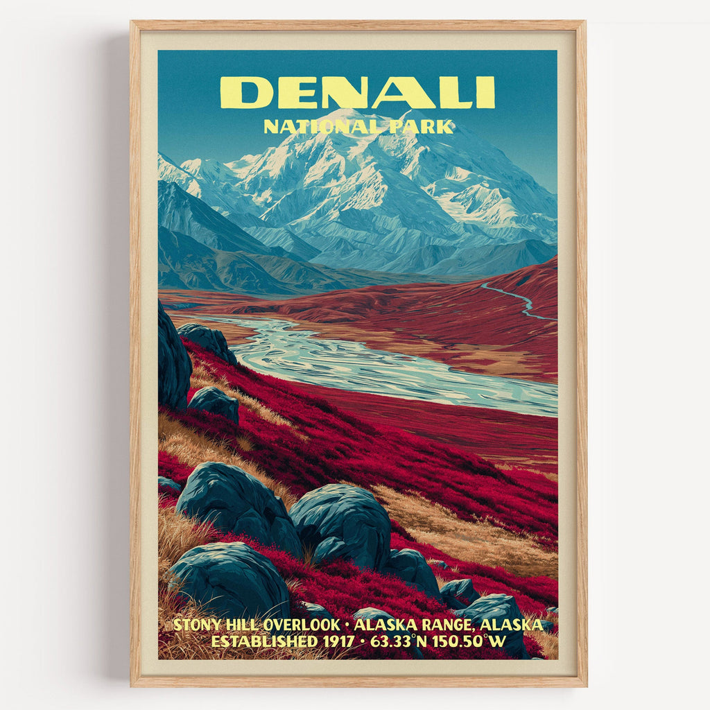 Stony Hill Overlook Denali National Park vintage poster in a light oak frame on a plain white wall