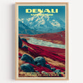 Stony Hill Overlook Denali National Park vintage poster in a light oak frame on a plain white wall