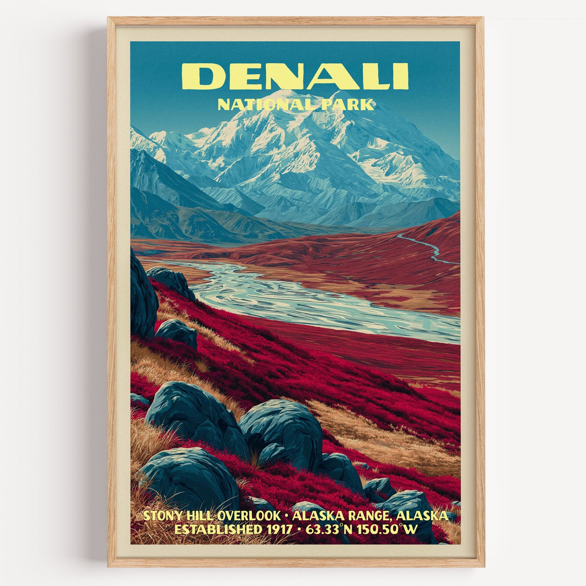 Stony Hill Overlook Denali National Park vintage poster in a light oak frame on a plain white wall