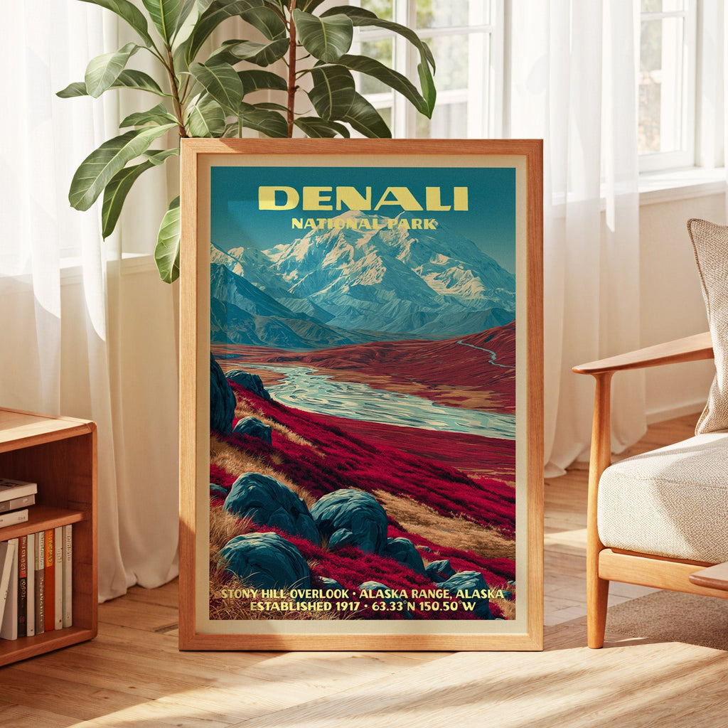 Denali vintage poster in oak, leaning by a sunlit window with sheer curtains and a low bookshelf