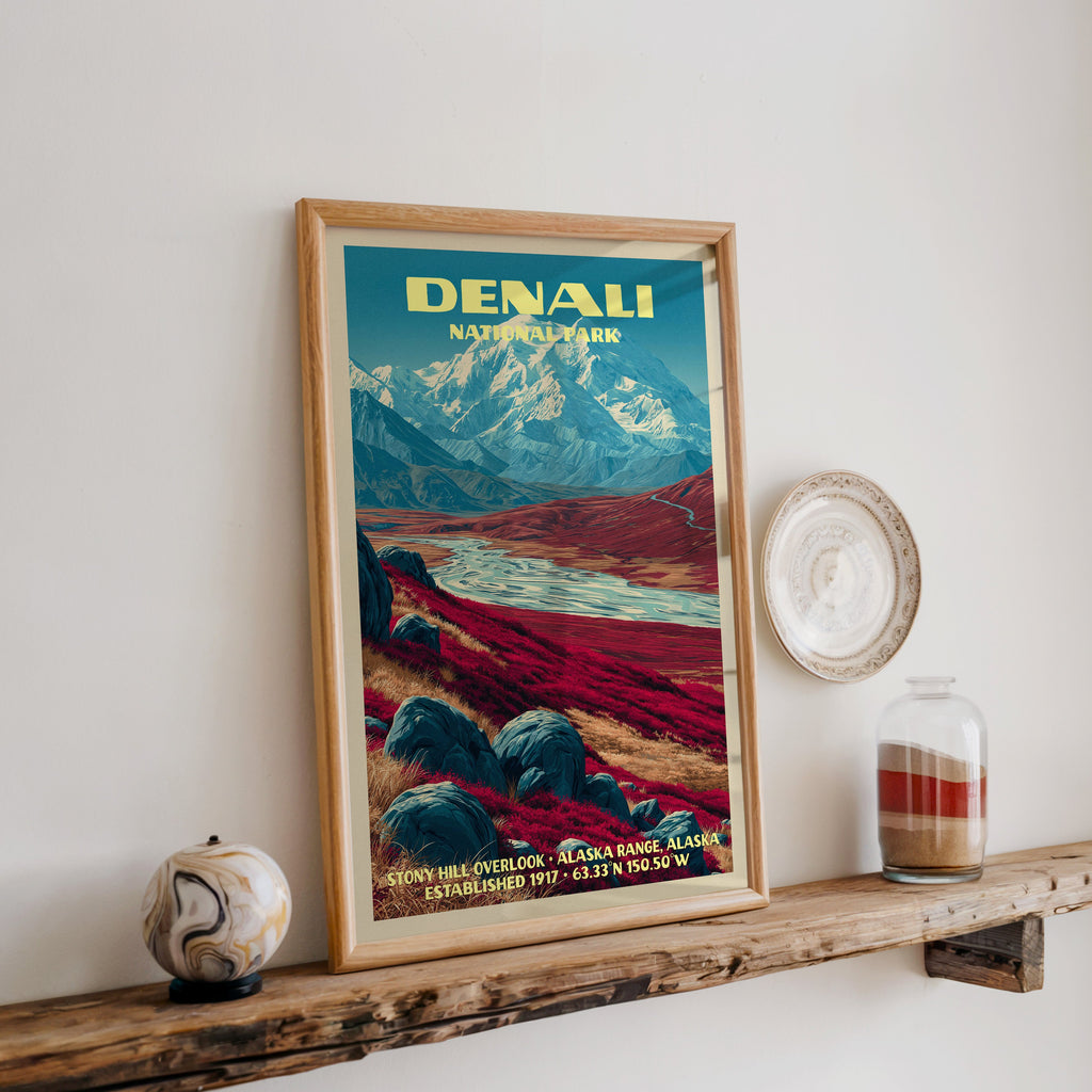 Denali Stony Hill Overlook print in oak, leaning on a reclaimed wood ledge with a stone sphere and a sand jar