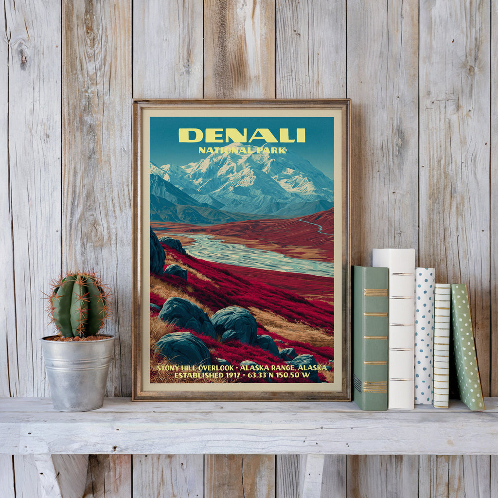 Denali vintage poster in a slim gold frame on a whitewashed plank wall beside a cactus and pastel books