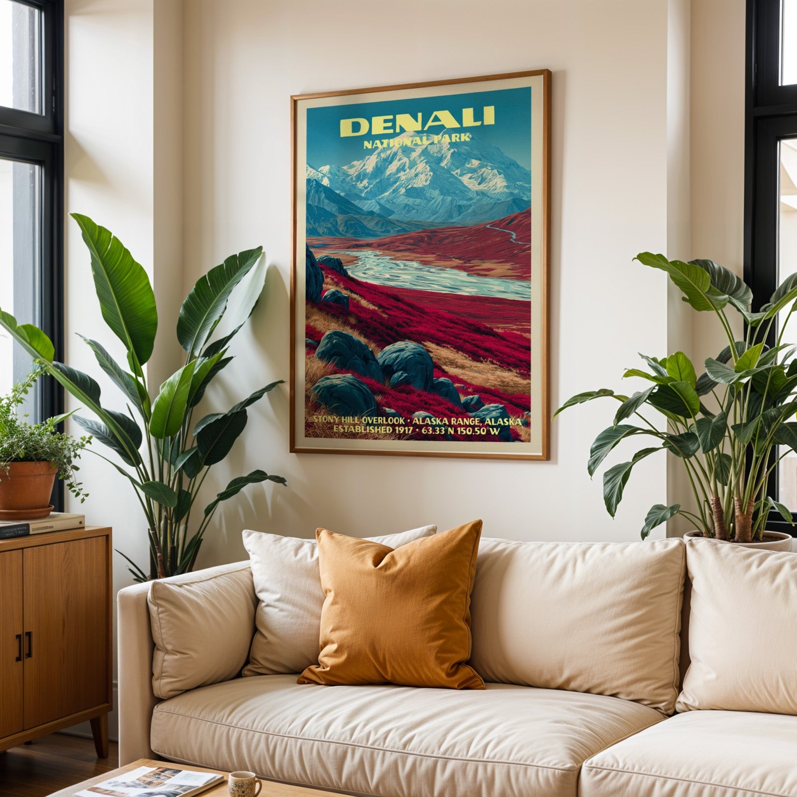 Denali vintage travel print in oak above a cream sofa with a rust cushion and tall houseplants