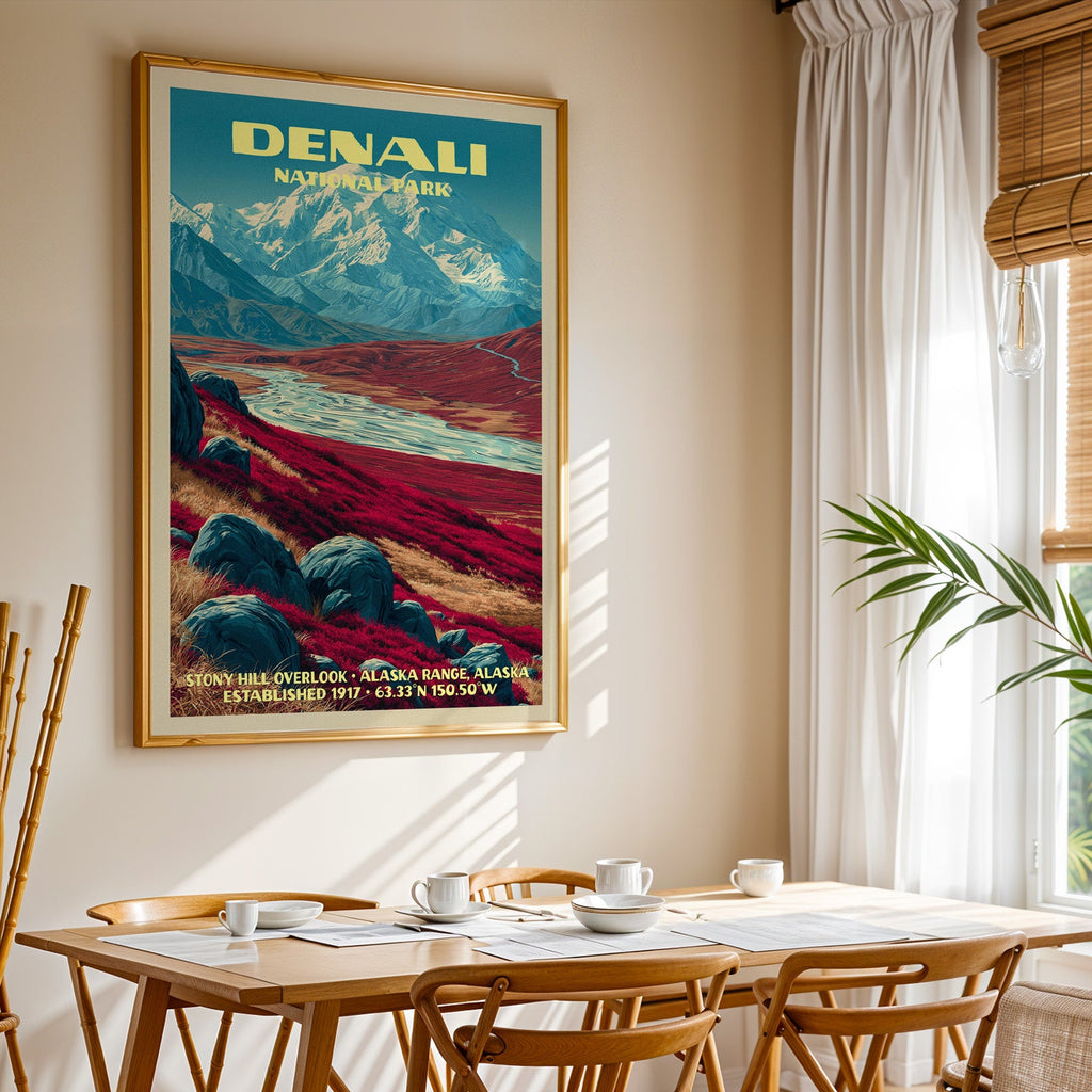 Denali National Park print in gold above a light oak dining table by a curtained window