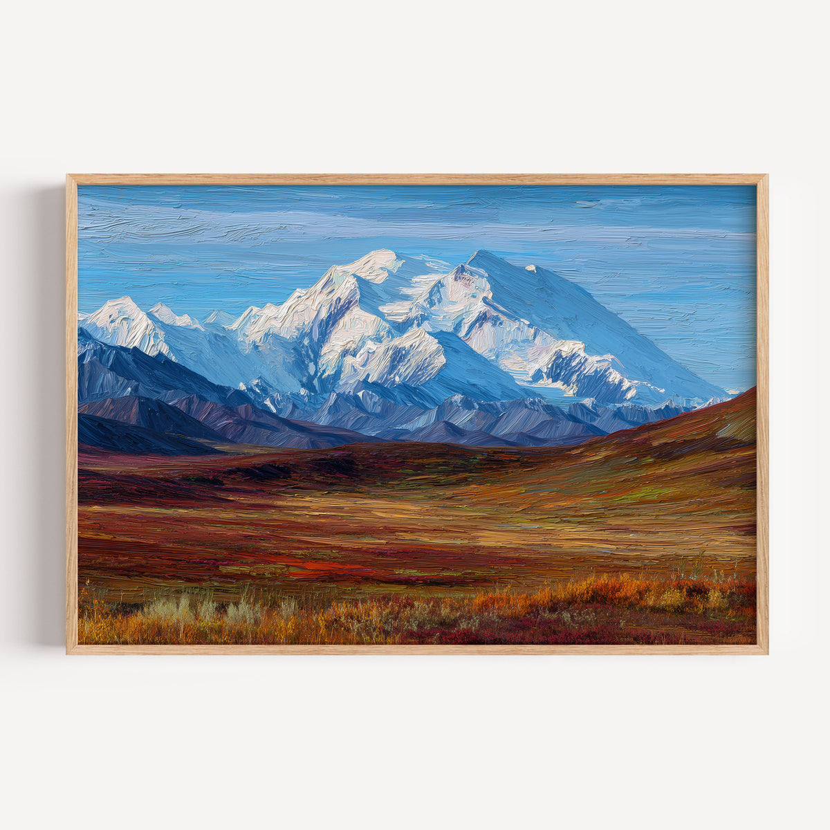 Denali National Park oil painting print in a light oak frame: the snowy Denali massif above red tundra