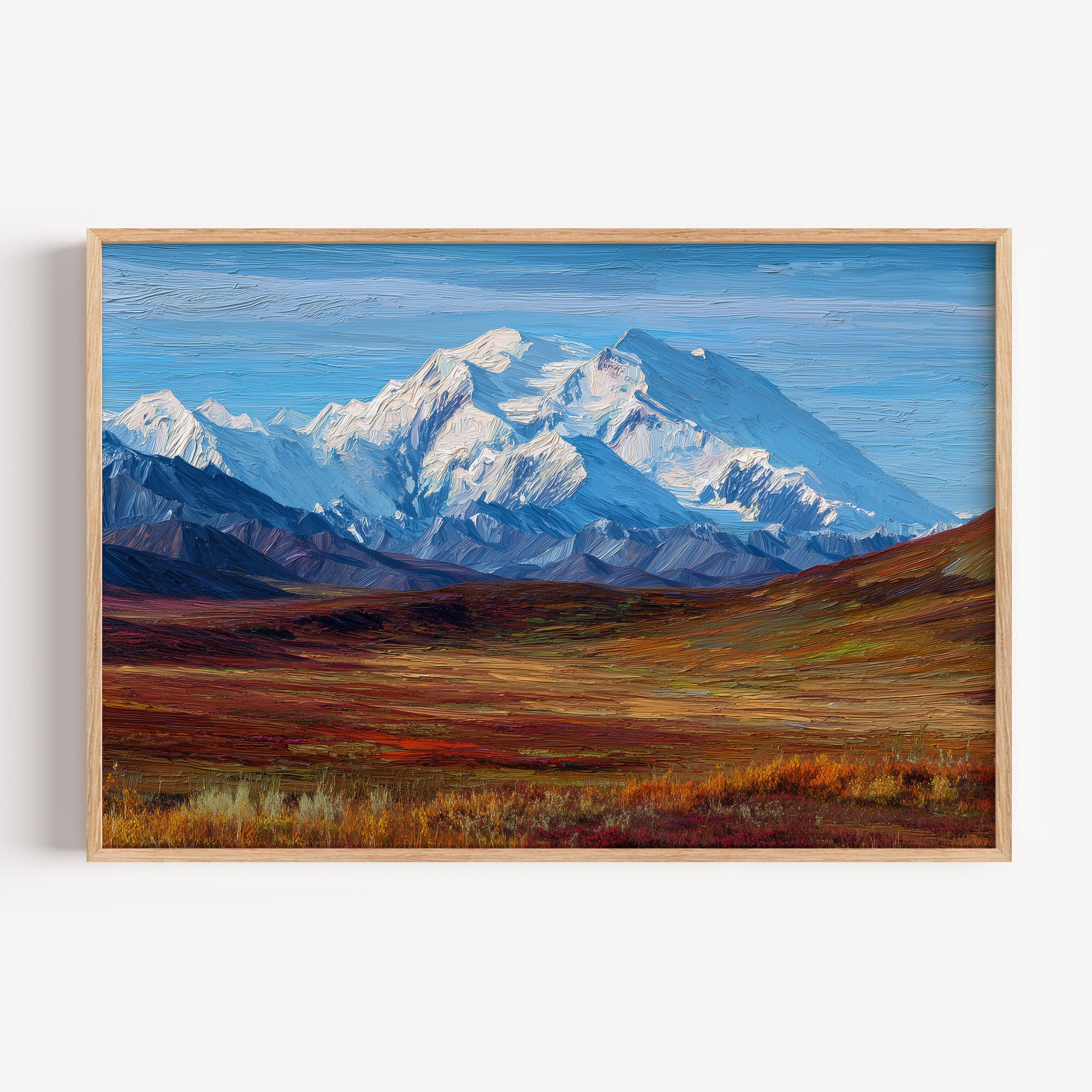 Denali National Park oil painting print in a light oak frame: the snowy Denali massif above red tundra