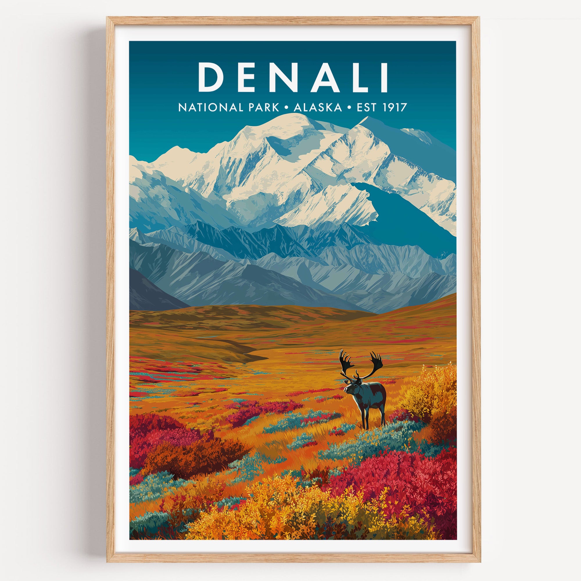Denali National Park mid-century modern art print — the white bulk of Denali above tundra gone scarlet and amber
