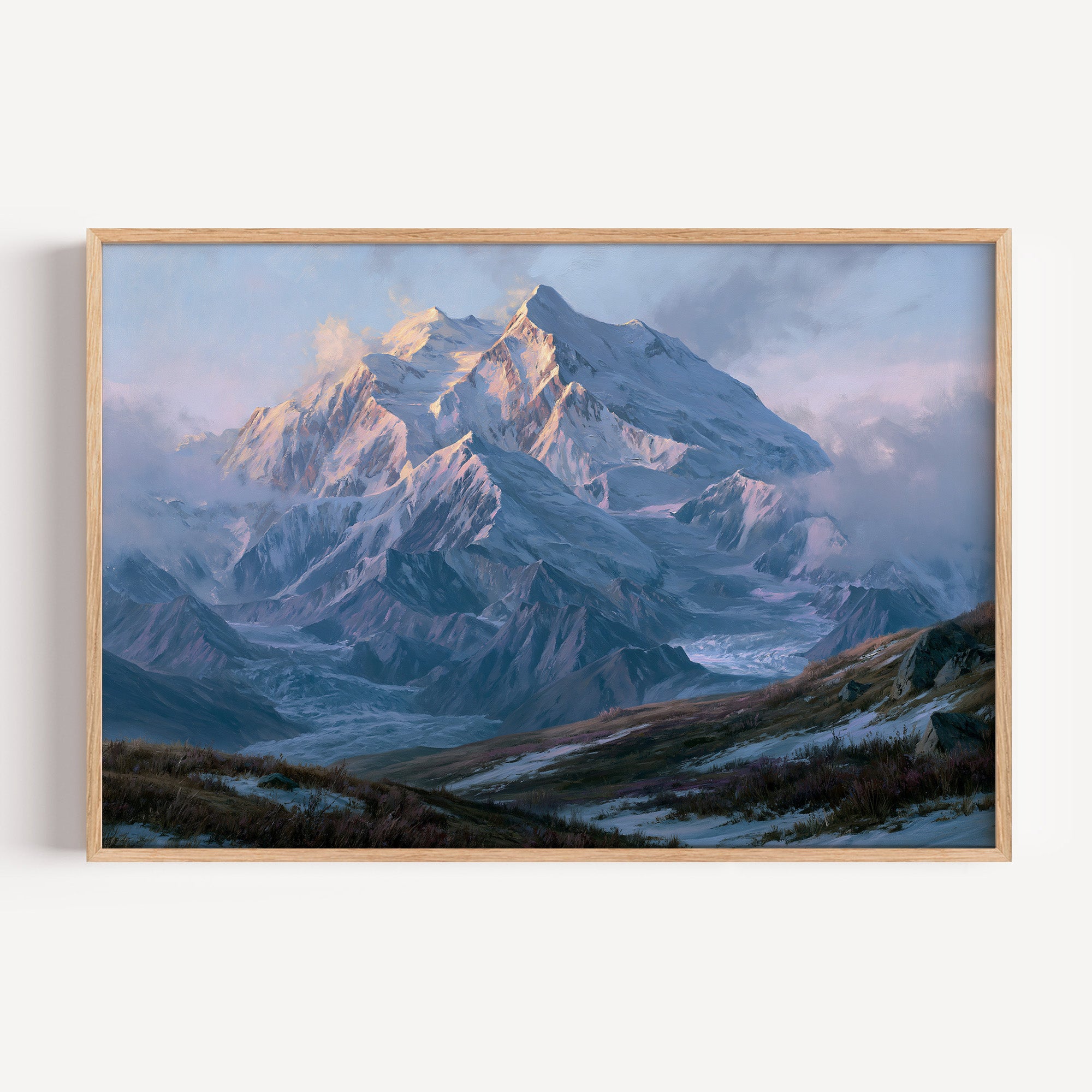Denali National Park classical oil painting print in an oak frame: the snowy Denali massif in cloud