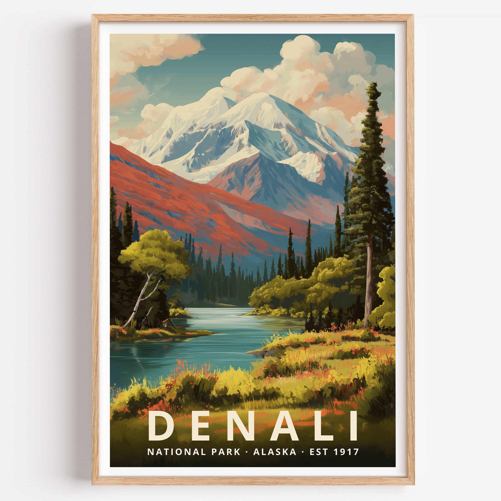 Denali National Park retro travel poster — the snow-covered Denali massif above a tundra river and spruce forest, Alaska