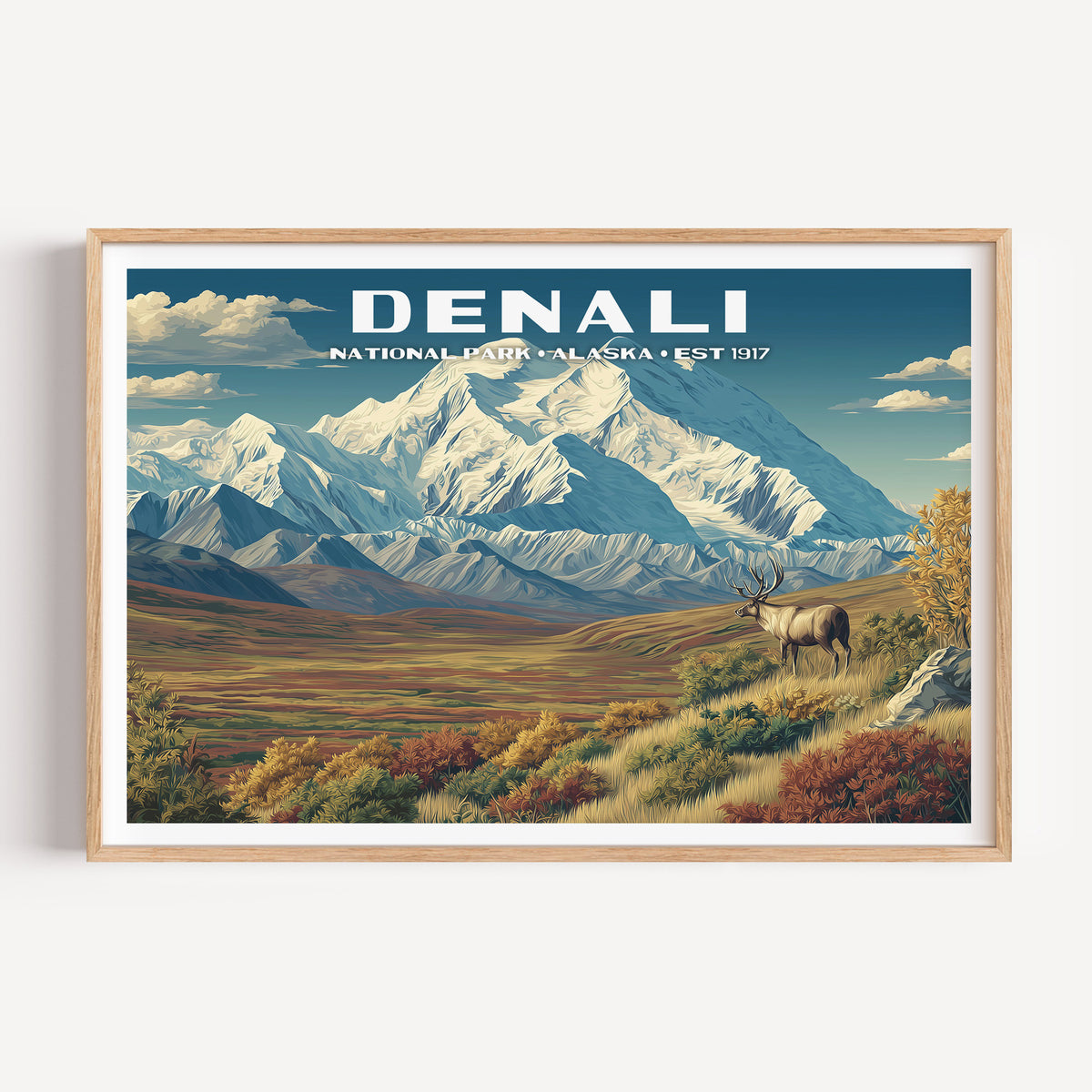 A bull caribou on autumn tundra below the snow-covered Denali massif — Denali National Park vintage WPA travel poster print