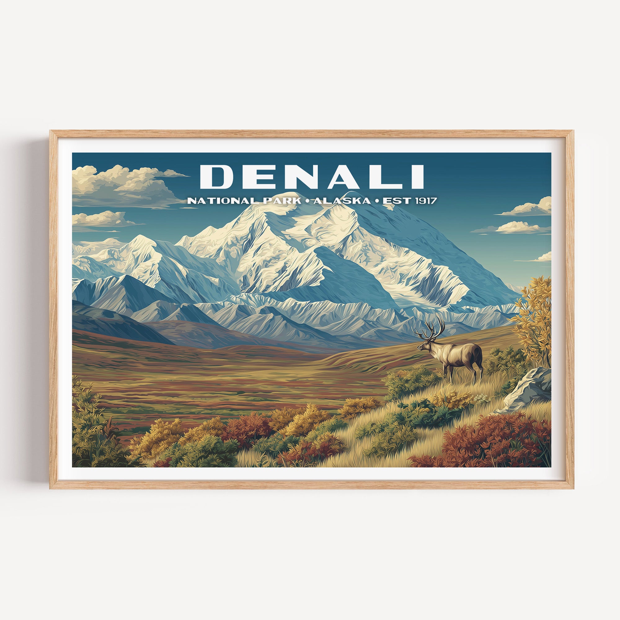 A bull caribou on autumn tundra below the snow-covered Denali massif — Denali National Park vintage WPA travel poster print