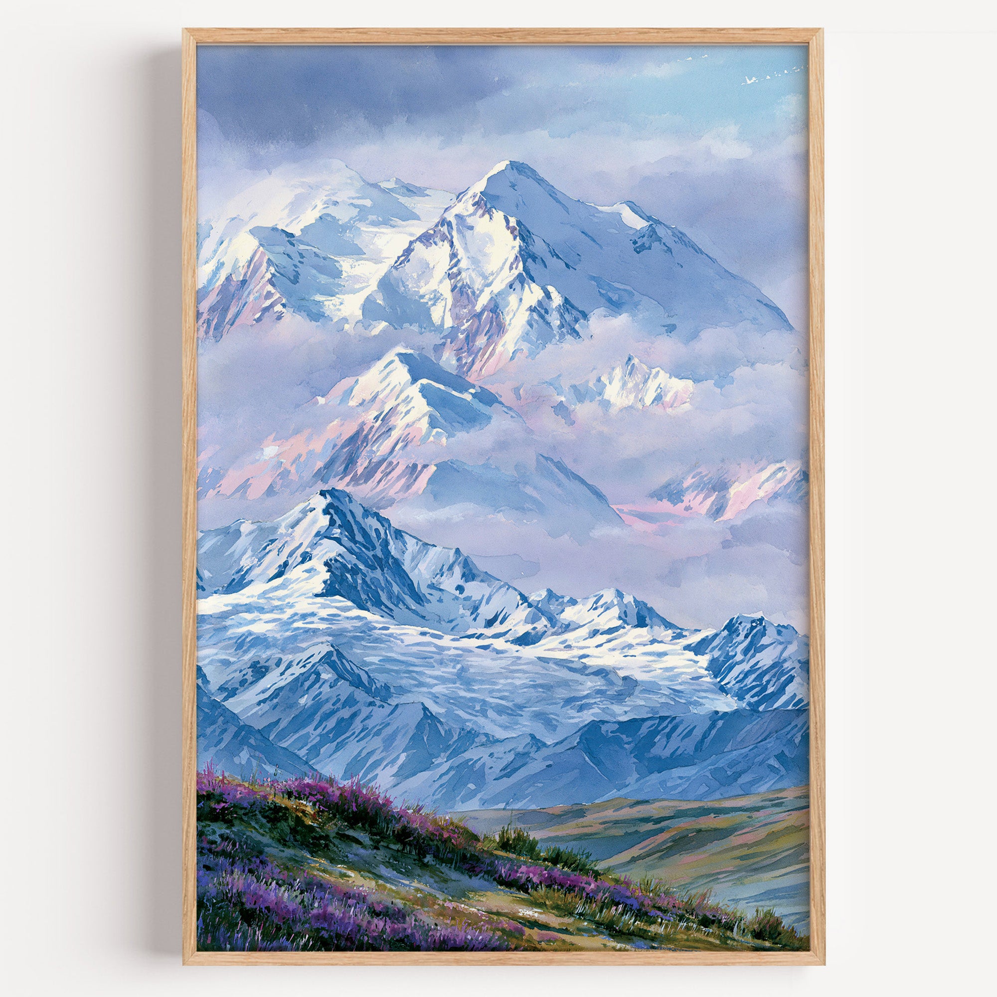 Denali National Park watercolor art print: snow-covered Denali above cloud with magenta fireweed on the tundra