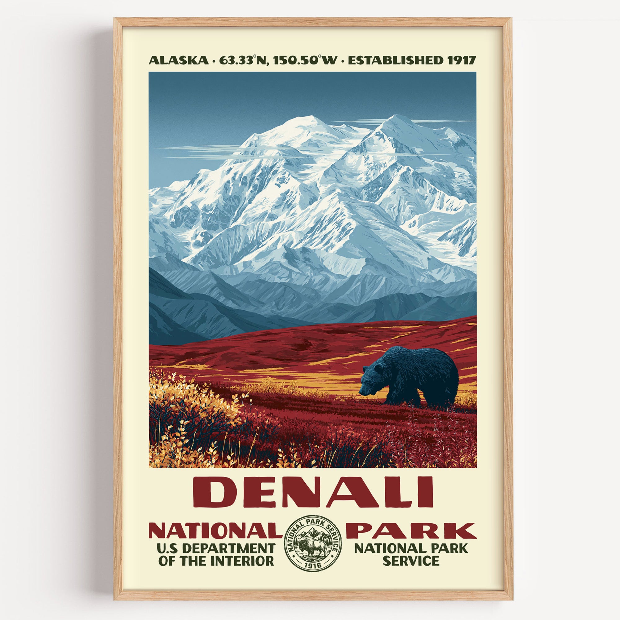 Denali National Park vintage WPA poster in a wood frame, a grizzly on crimson tundra beneath the snow-covered summit