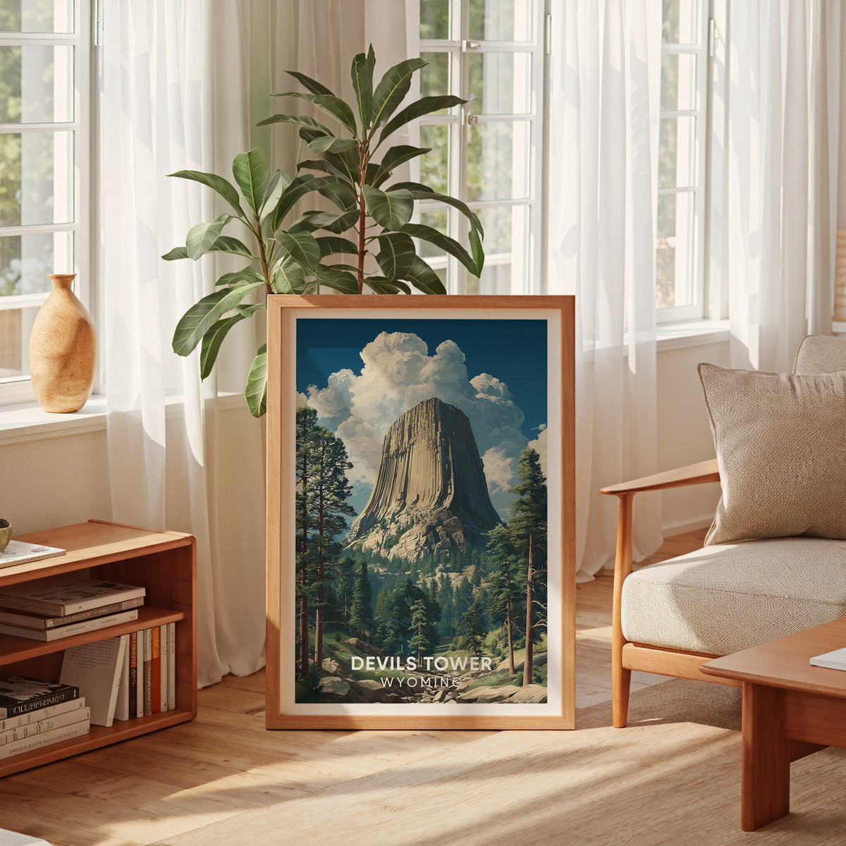 Devils Tower poster leaning by a curtained window, low bookshelf left and cream armchair right