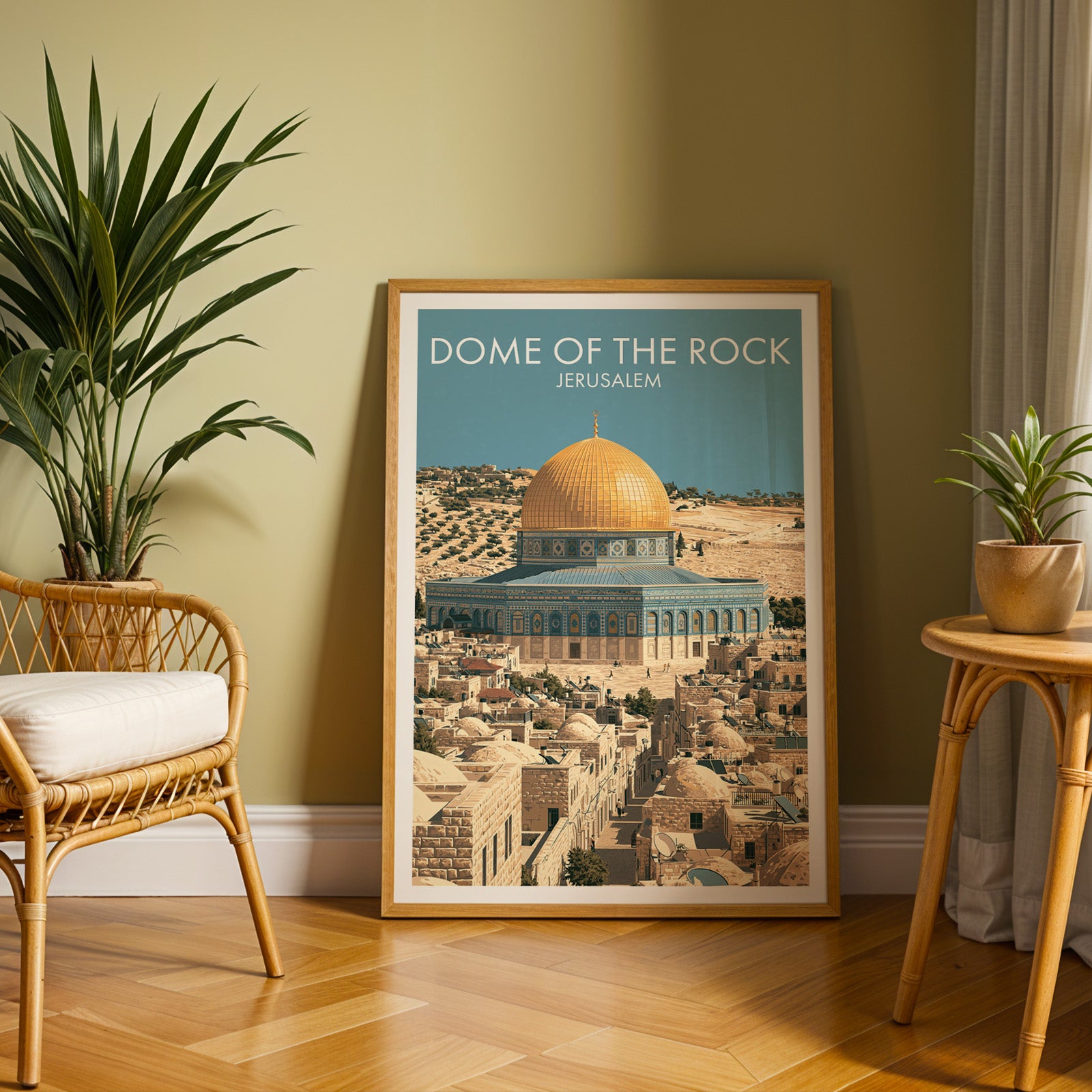 Large Dome of the Rock Jerusalem travel print in an oak frame leaning on a herringbone floor next to a rattan chair