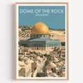 Dome of the Rock Jerusalem travel poster in a natural wood frame, shown against a clean white wall