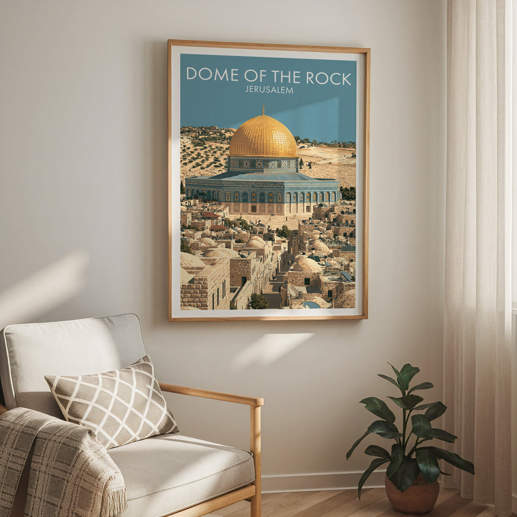 Dome of the Rock Jerusalem travel print in a light oak frame on a living room wall beside a linen armchair