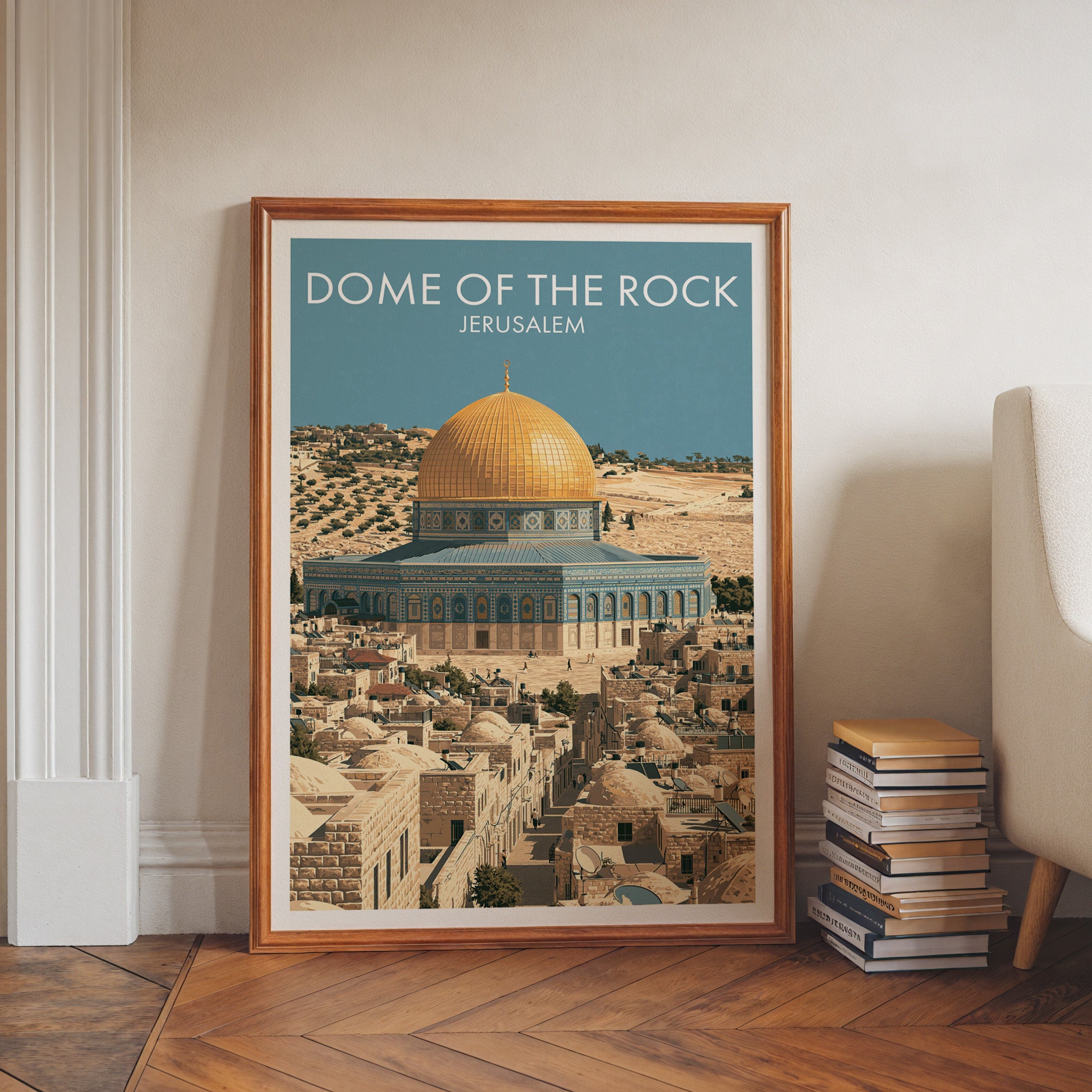 Dome of the Rock Jerusalem art print in a walnut frame leaning in a hallway beside stacked books