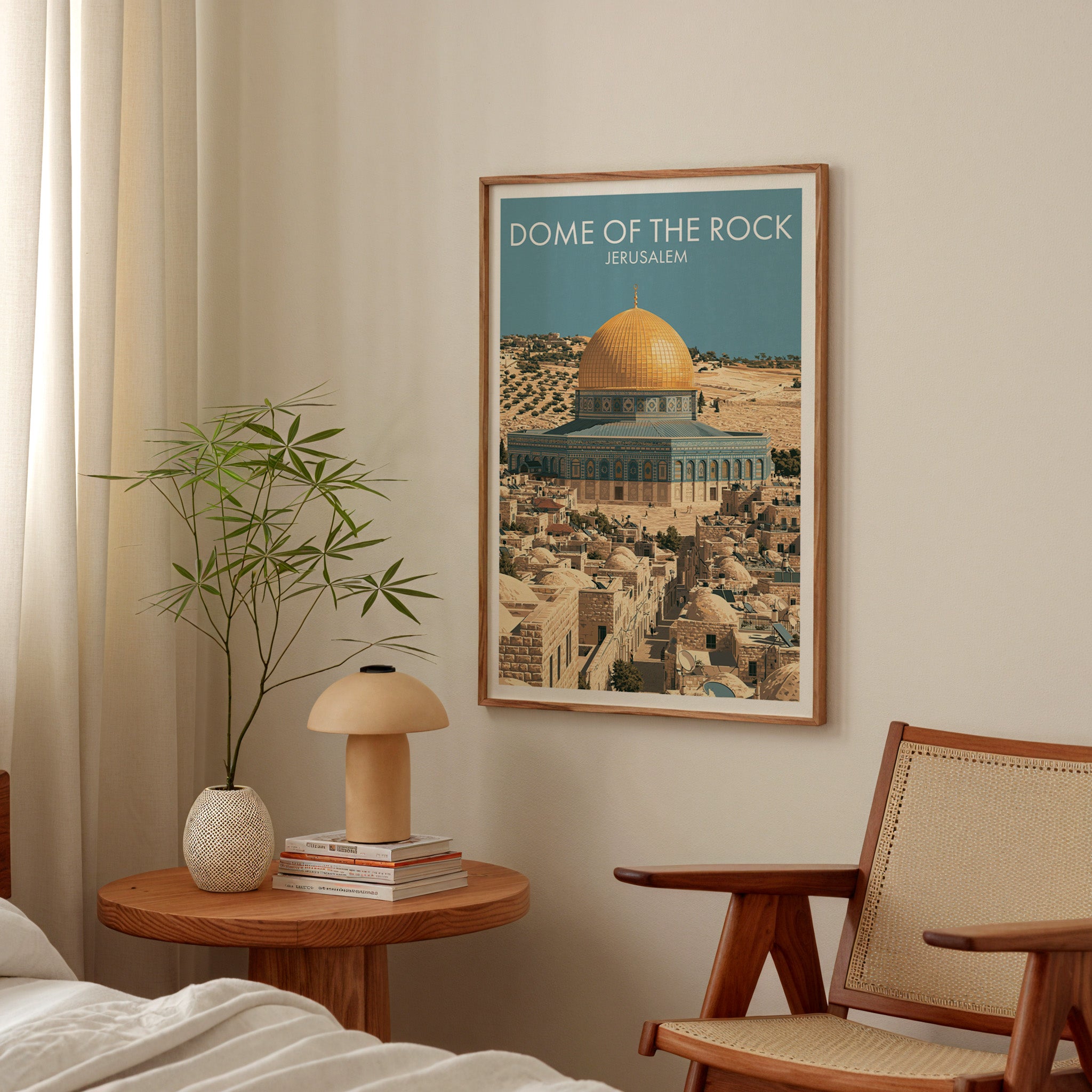 Dome of the Rock Jerusalem poster above a bedroom nightstand with a bamboo plant and mushroom lamp
