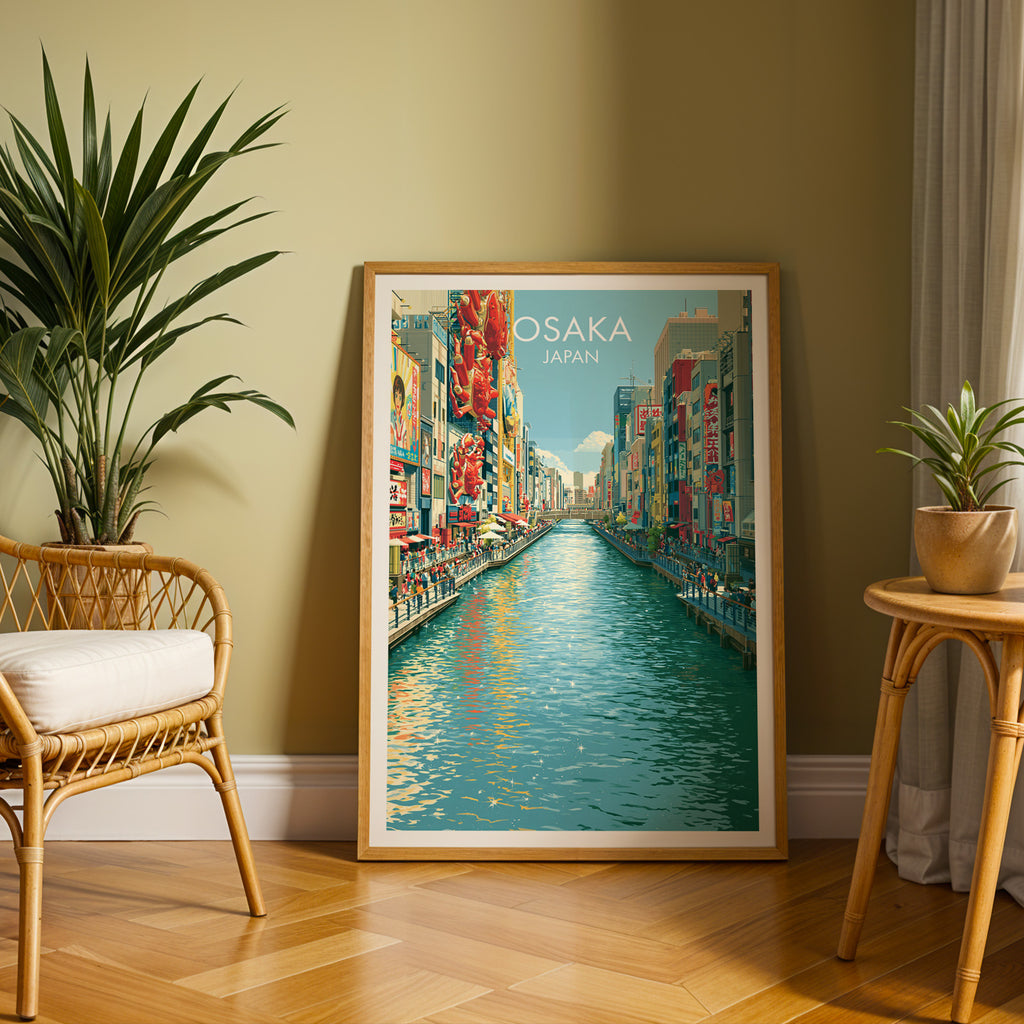 Large Dotonbori Osaka Japan travel print in an oak frame leaning on a herringbone floor next to a rattan chair