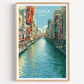 Dotonbori Osaka Japan travel poster in a natural wood frame, shown against a clean white wall