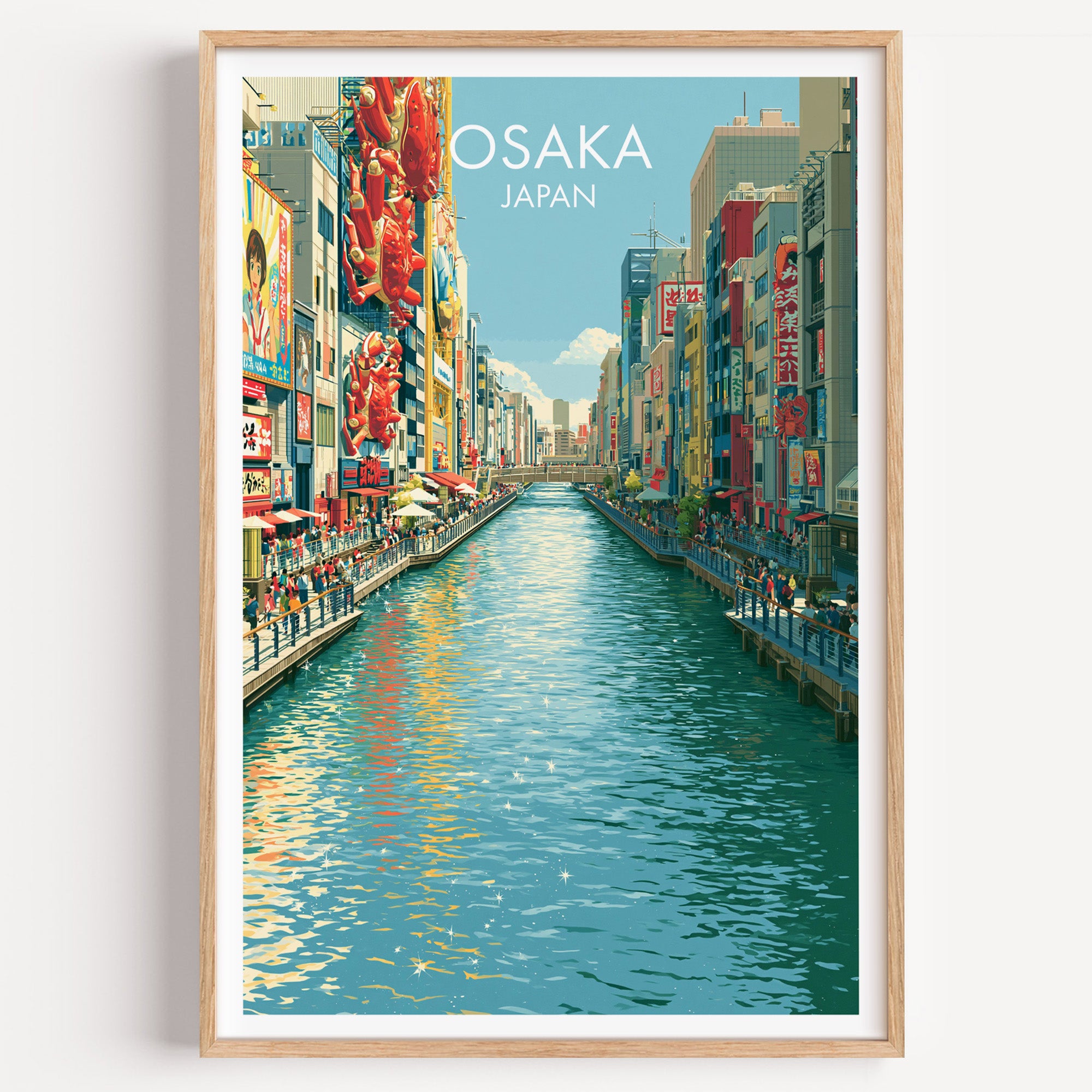 Dotonbori Osaka Japan travel poster in a natural wood frame, shown against a clean white wall