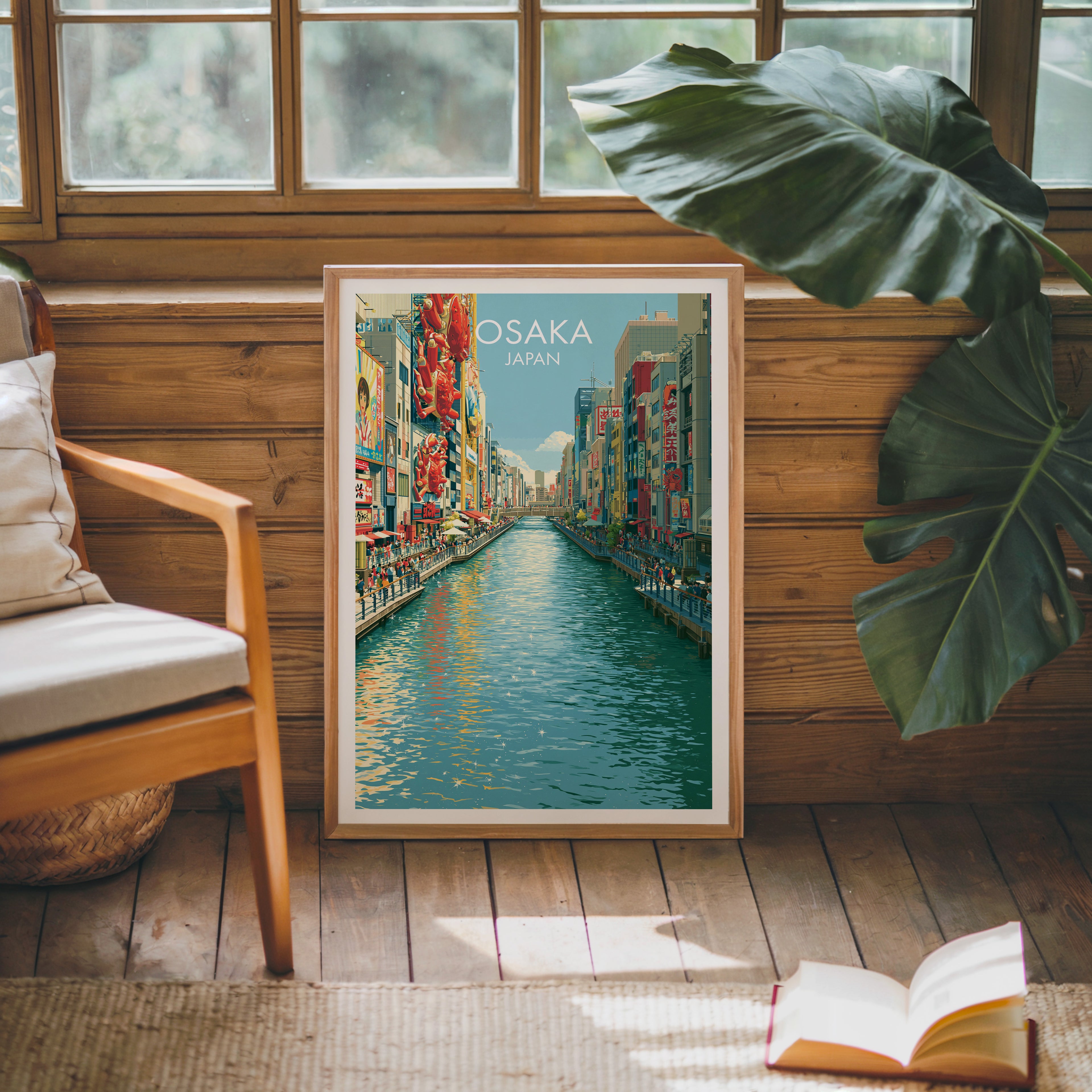 Framed Dotonbori Osaka Japan poster leaning against a timber cabin wall with monstera leaves and an open book