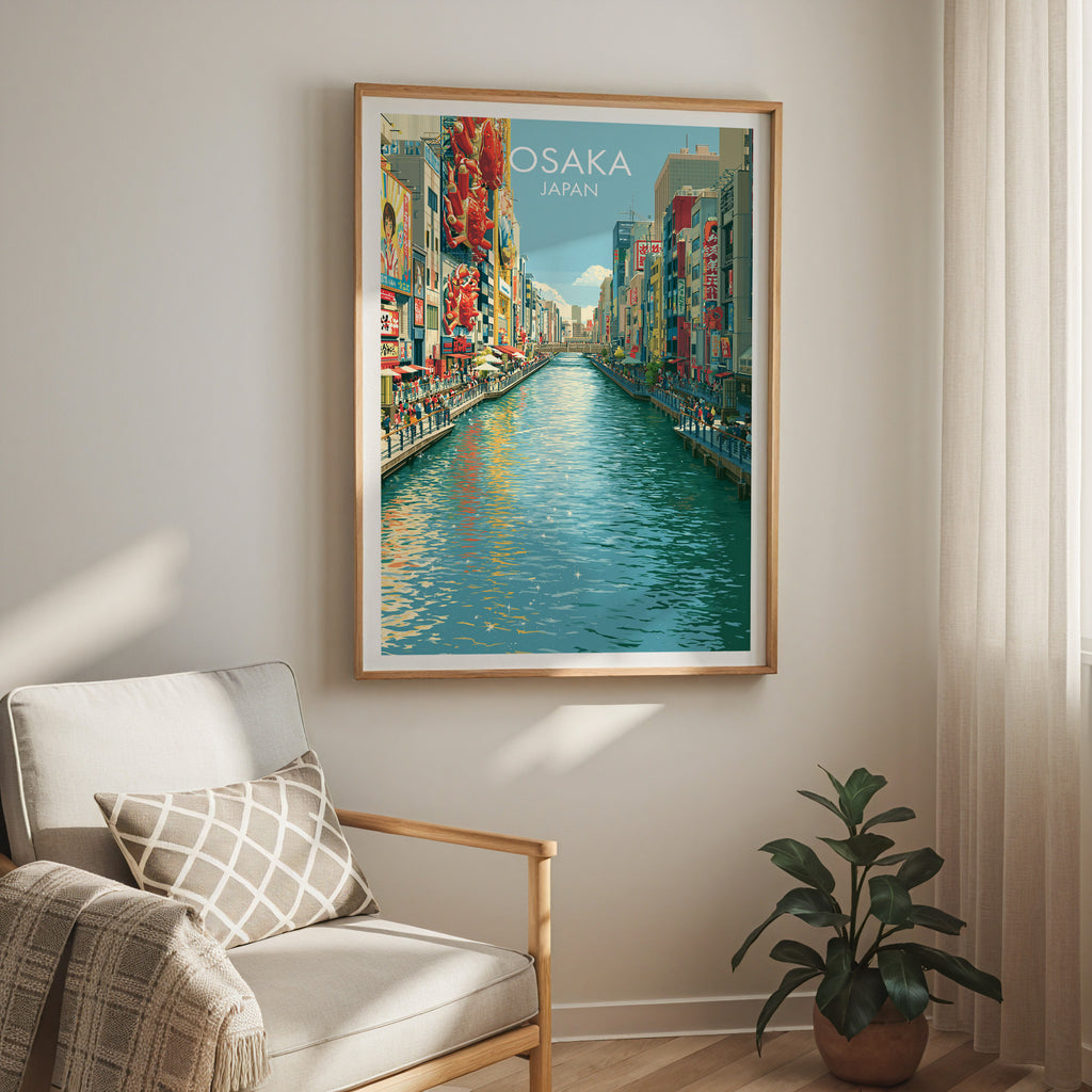 Dotonbori Osaka Japan travel print in a light oak frame on a living room wall beside a linen armchair