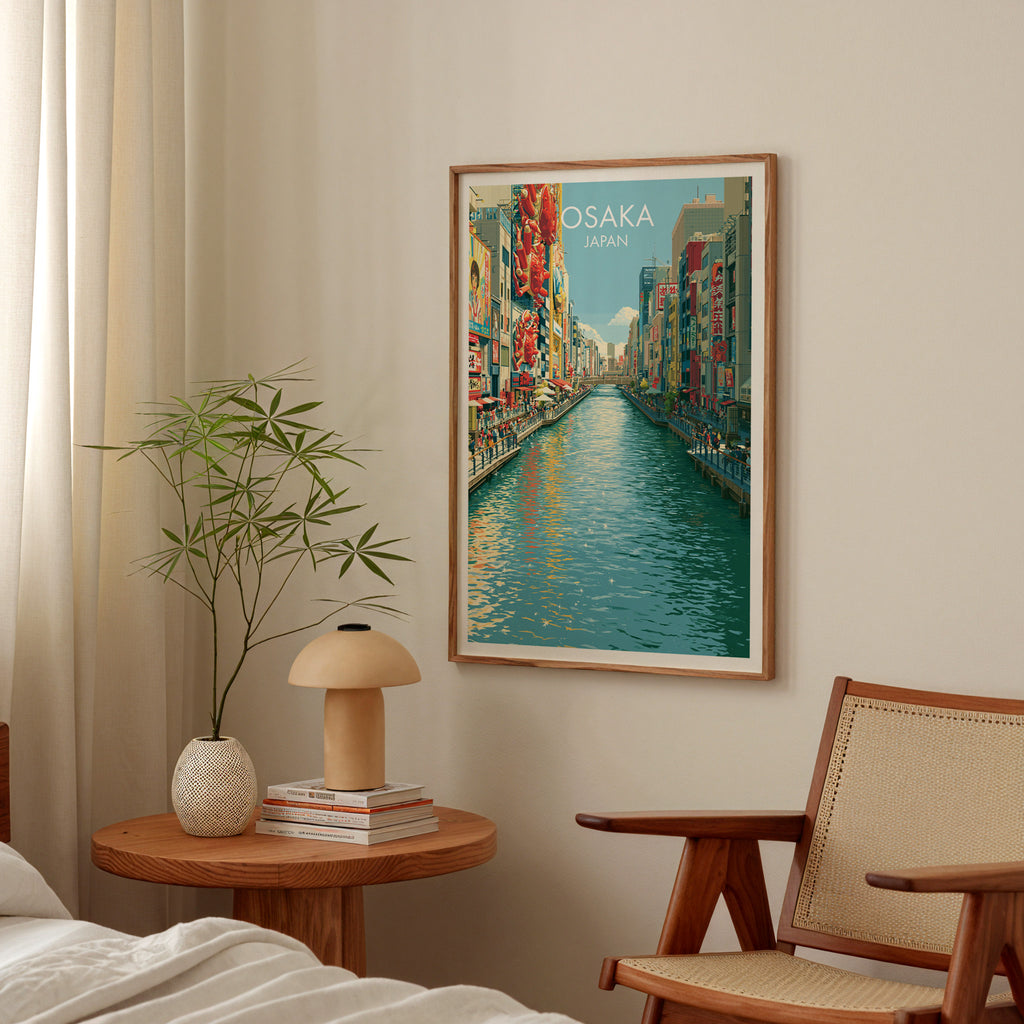 Dotonbori Osaka Japan poster above a bedroom nightstand with a bamboo plant and mushroom lamp