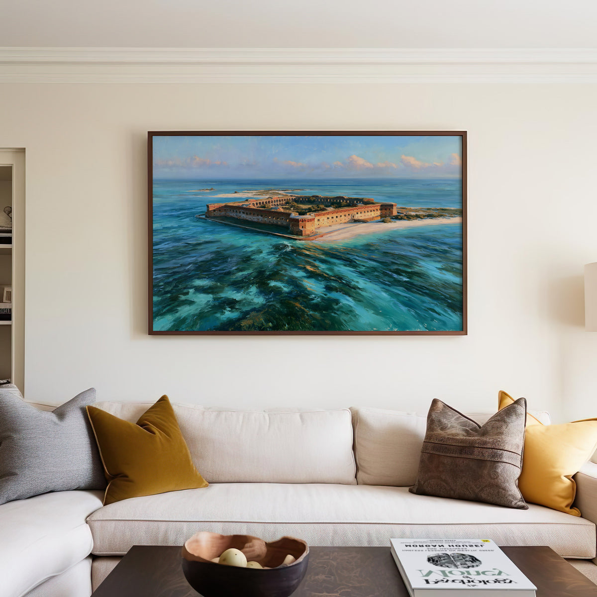 Dry Tortugas classical oil painting canvas in a walnut frame above a cream sofa
