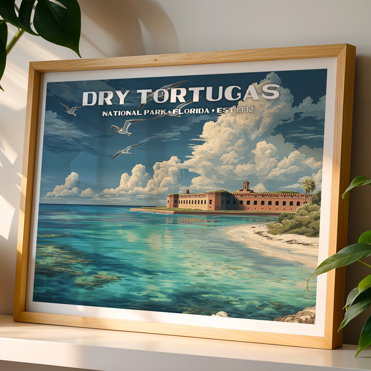 Dry Tortugas National Park wall art print in a light oak frame, leaning on a white shelf in warm sunlight beside a monstera plant