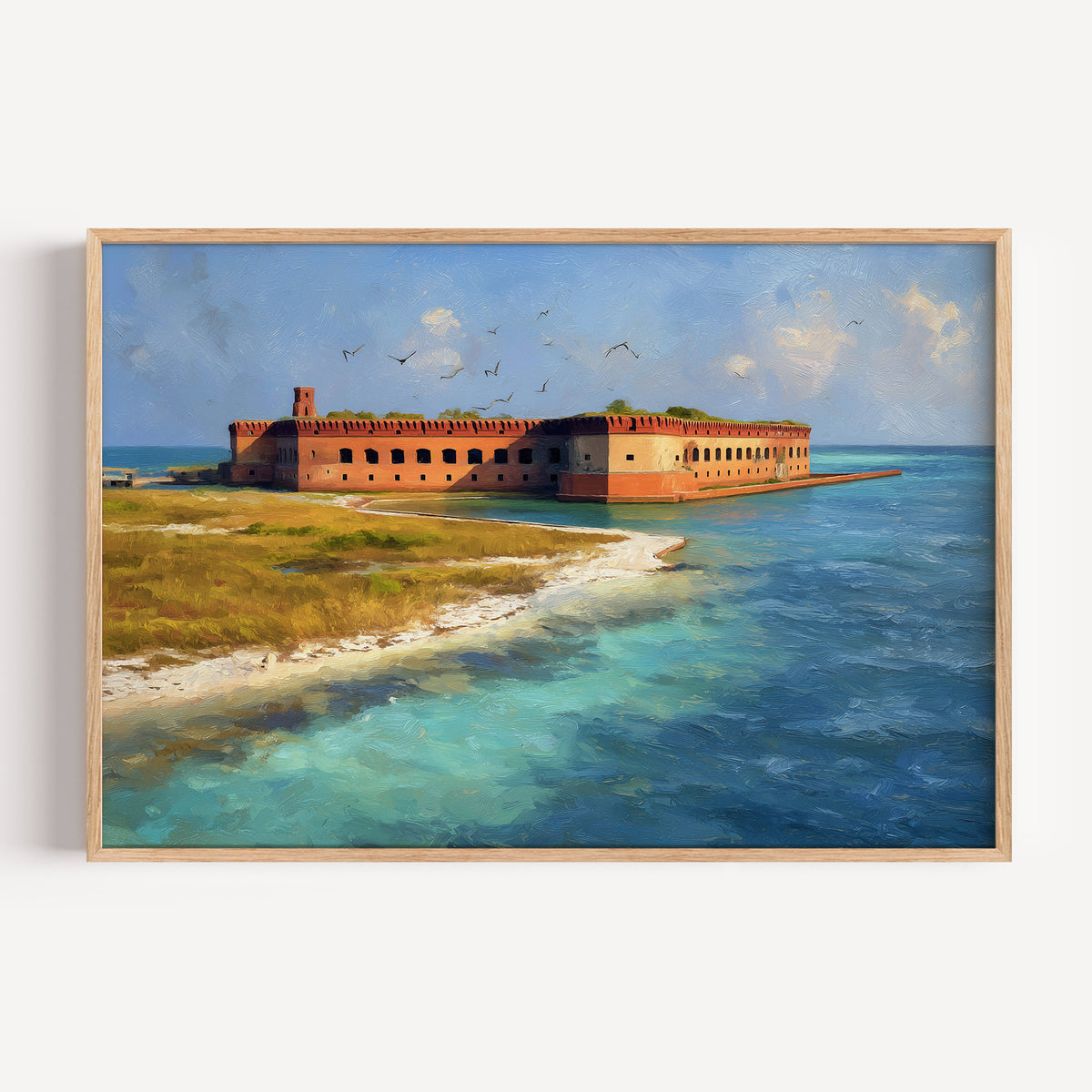 Dry Tortugas National Park oil painting print in a light oak frame: the red brick fort on a sand key