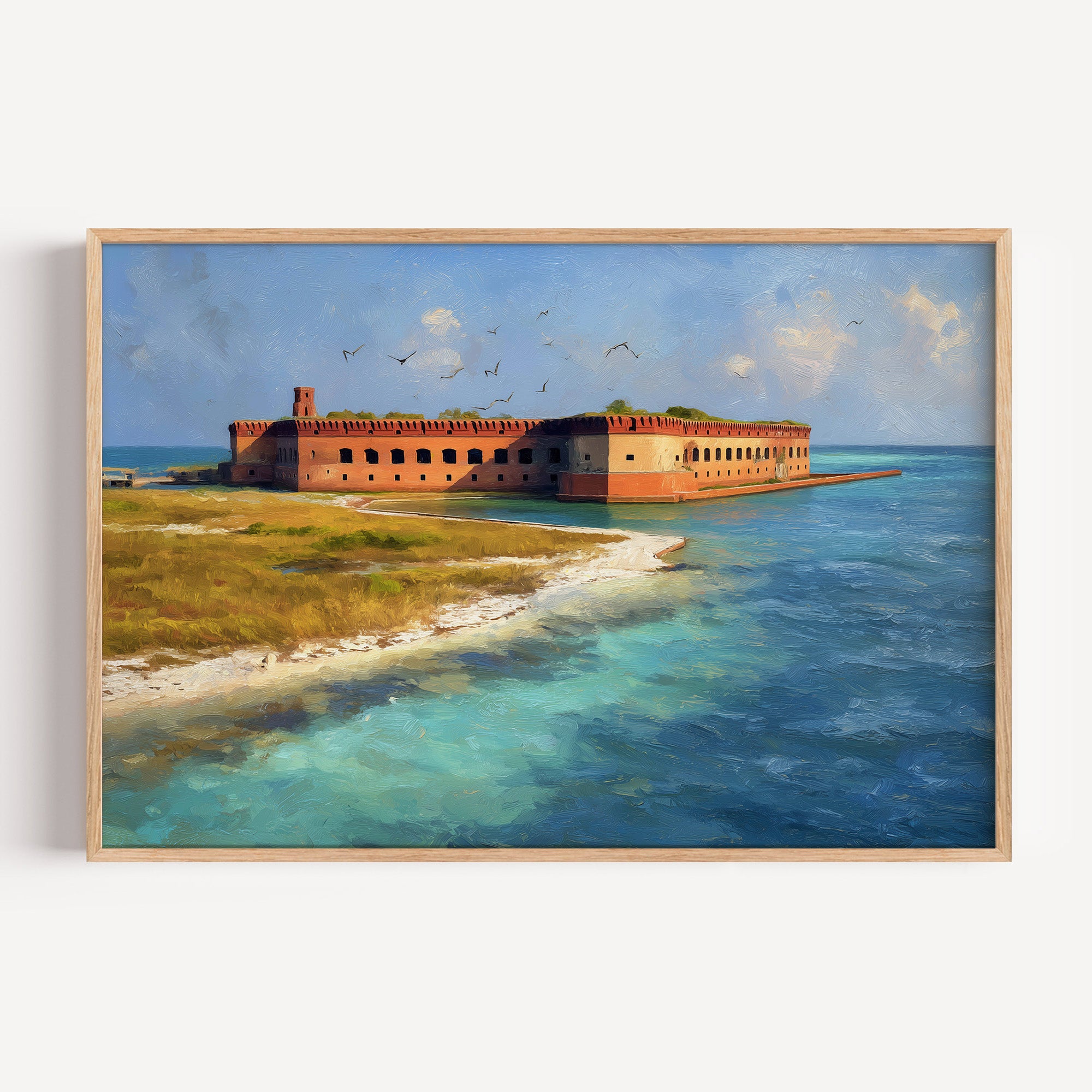 Dry Tortugas National Park oil painting print in a light oak frame: the red brick fort on a sand key