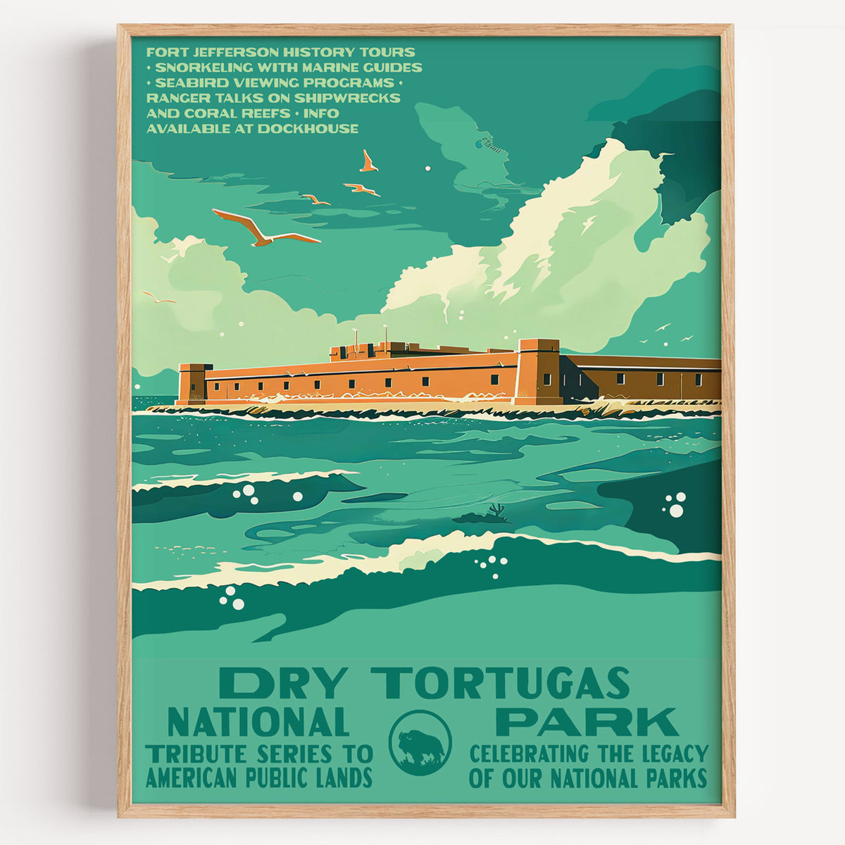 Dry Tortugas National Park wall art print in a thin wood frame, Fort Jefferson on turquoise water under towering clouds