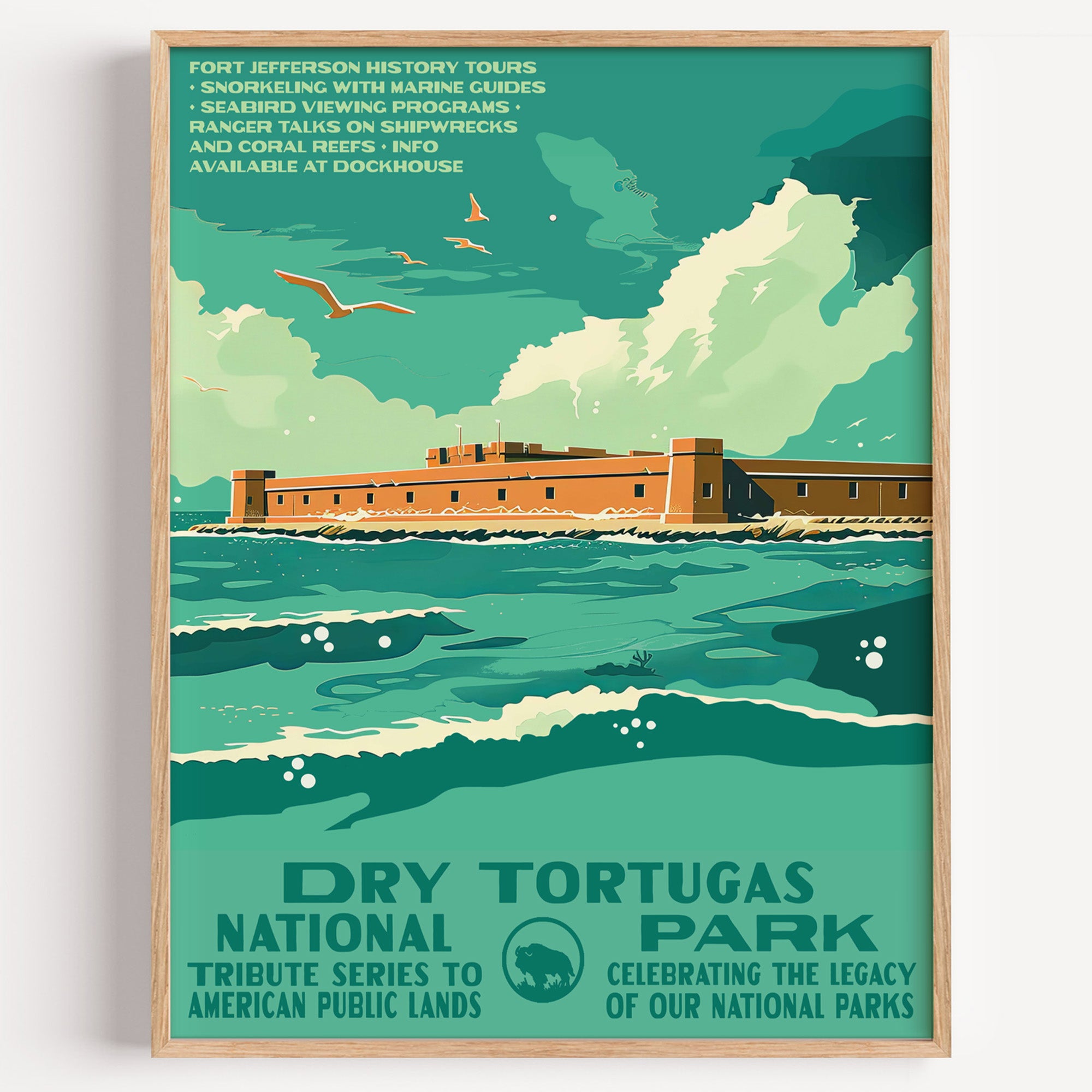 Dry Tortugas National Park wall art print in a thin wood frame, Fort Jefferson on turquoise water under towering clouds
