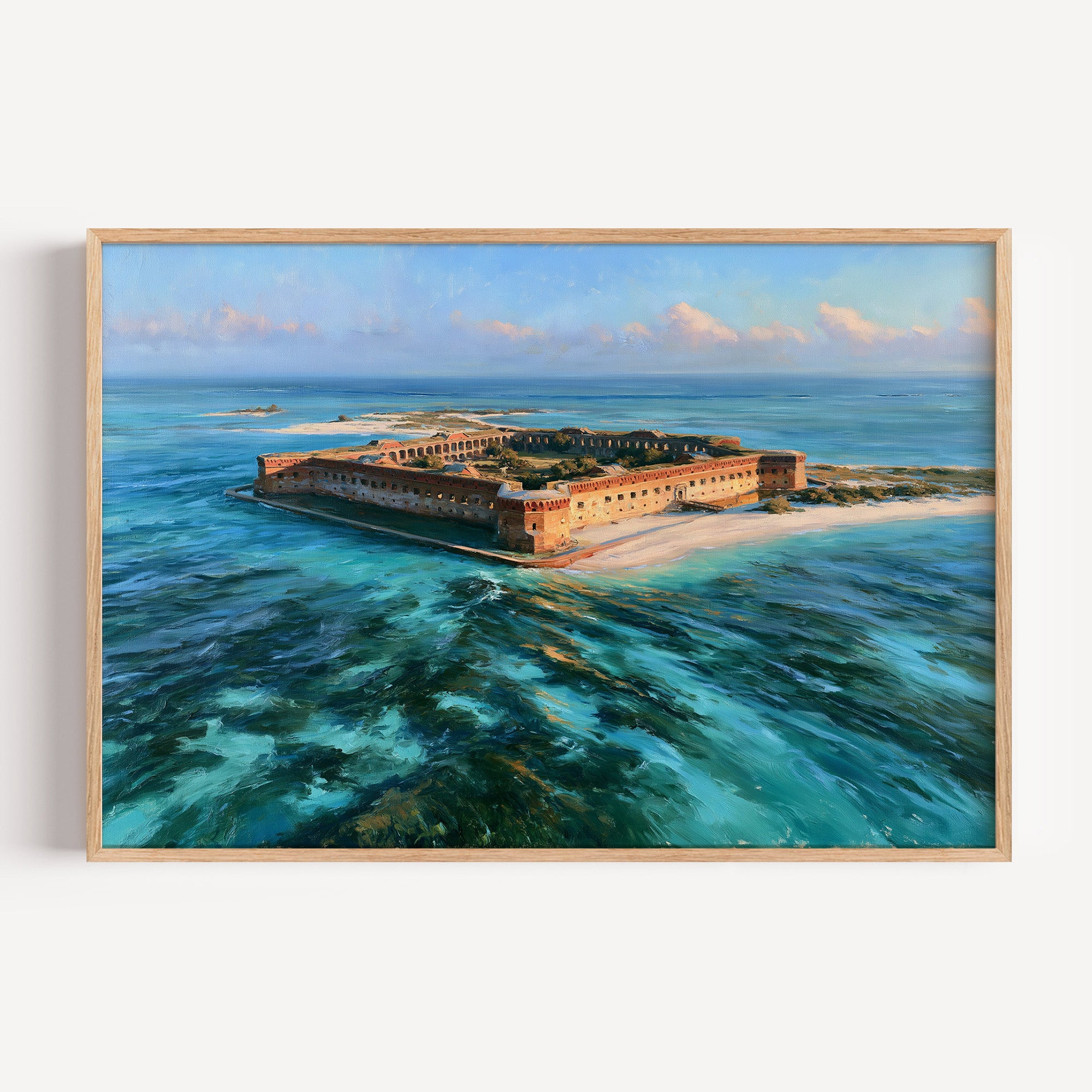 Dry Tortugas classical oil painting print in an oak frame: a brick sea fort on a turquoise reef