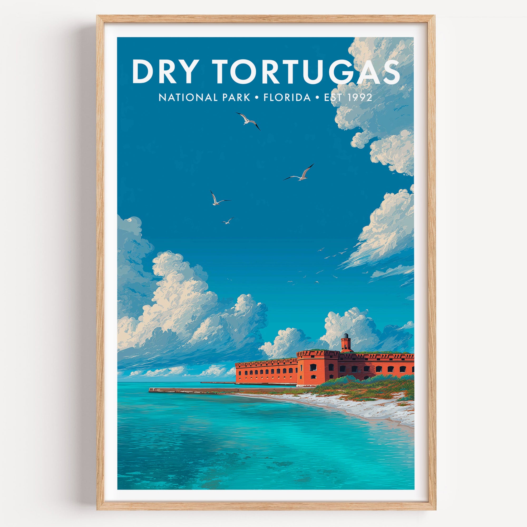 Dry Tortugas National Park mid-century modern art print — the brick hexagon of Fort Jefferson on white sand in turquoise shallows