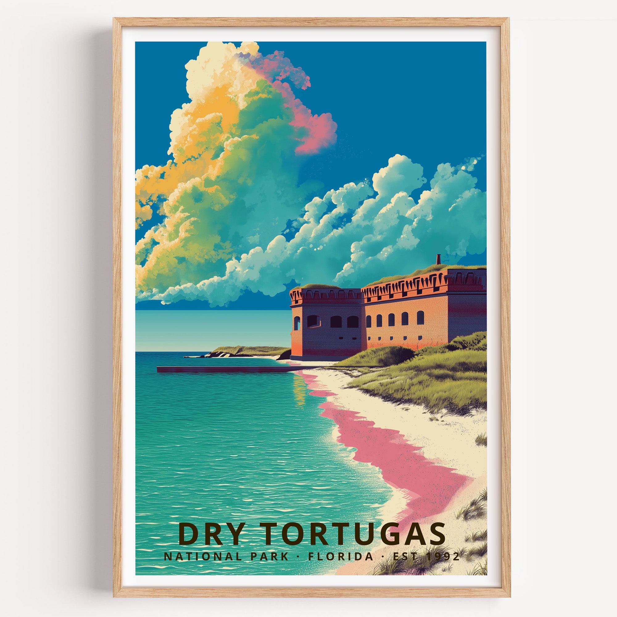 Dry Tortugas National Park retro travel poster — Fort Jefferson's brick walls on a white sand key in turquoise Gulf water, Florida