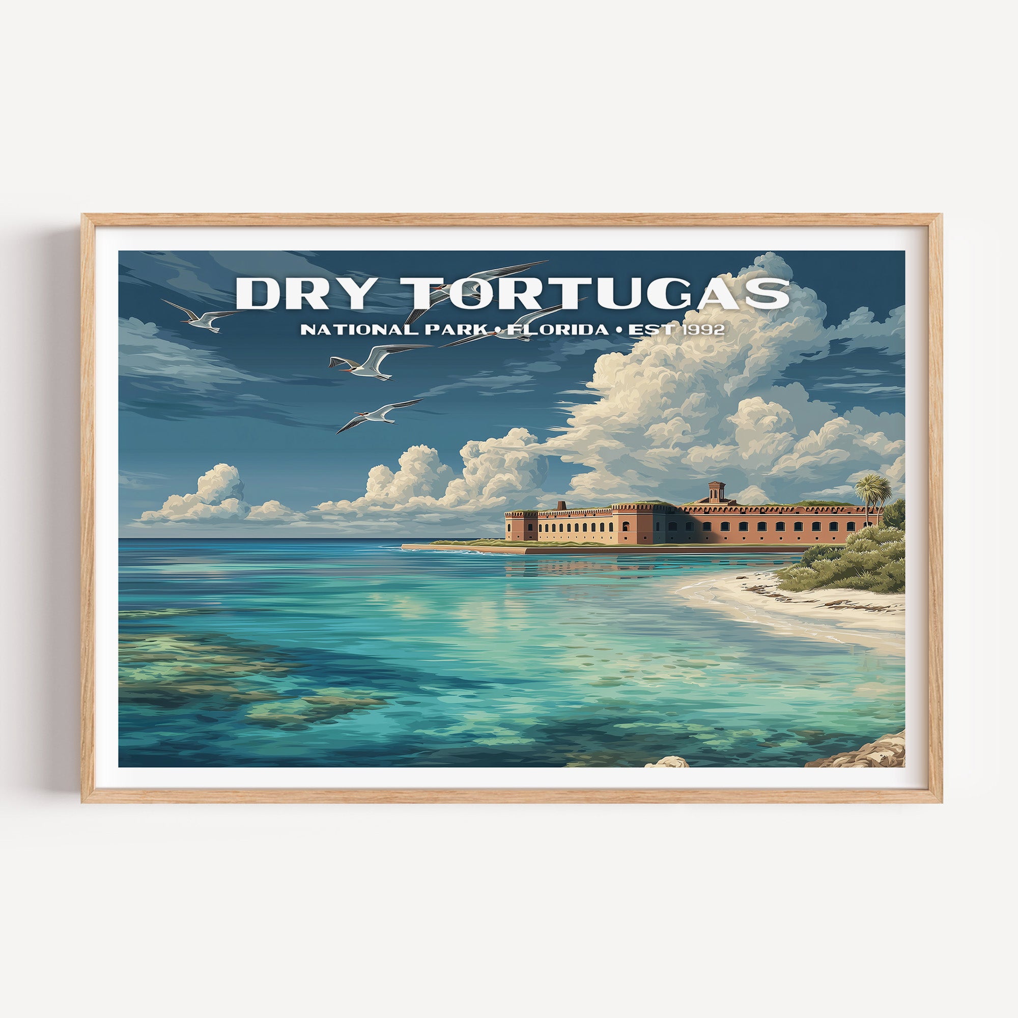 The red brick walls of Fort Jefferson on a turquoise shallows with terns overhead — Dry Tortugas National Park vintage WPA travel poster print