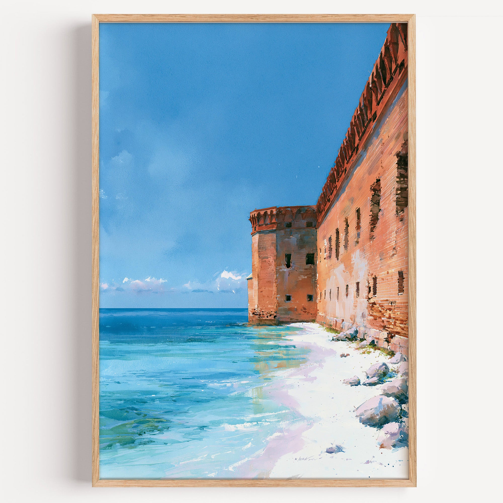 Dry Tortugas National Park watercolor art print: red brick wall of Fort Jefferson above white sand and jade water