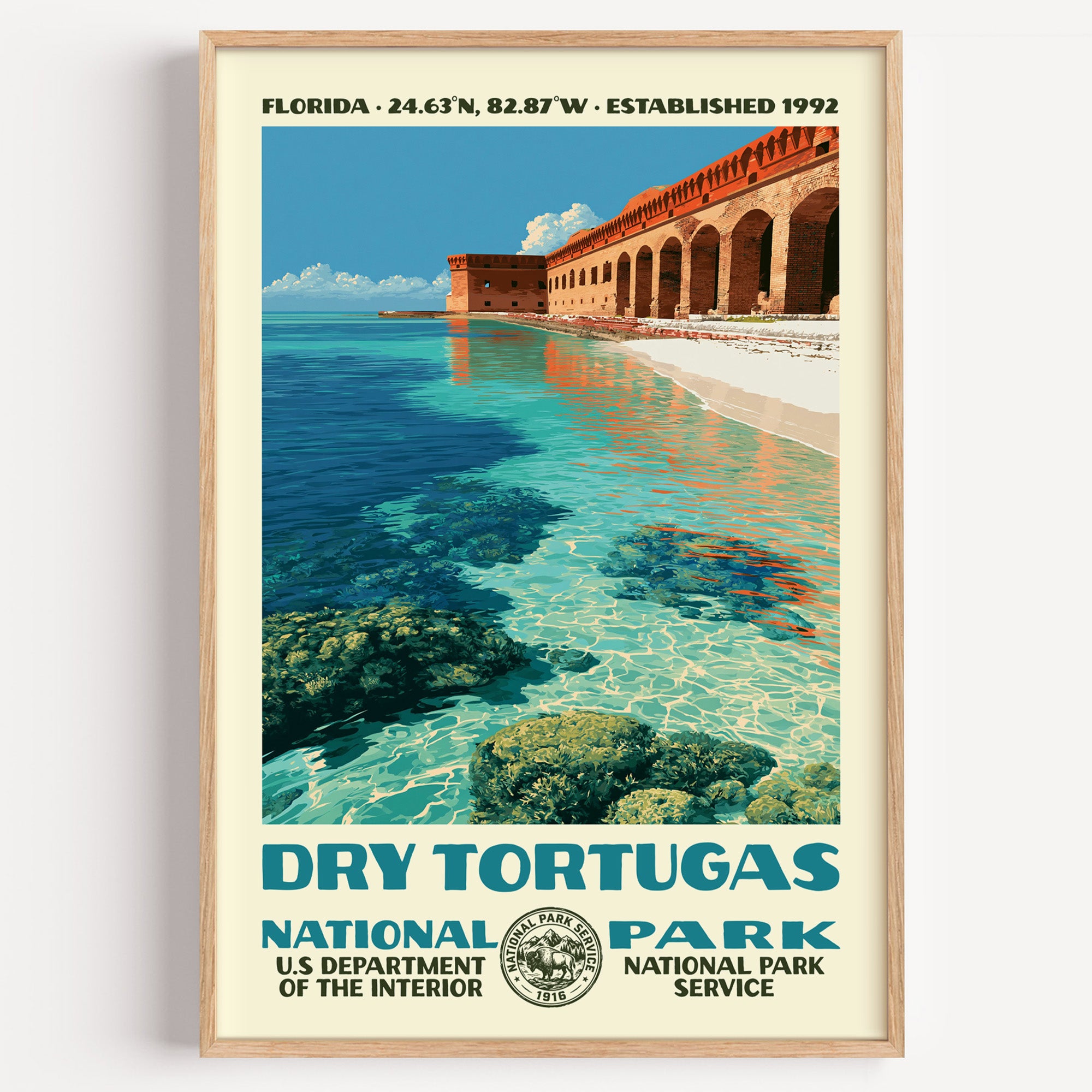 Dry Tortugas National Park vintage WPA poster in a wood frame, Fort Jefferson above turquoise water