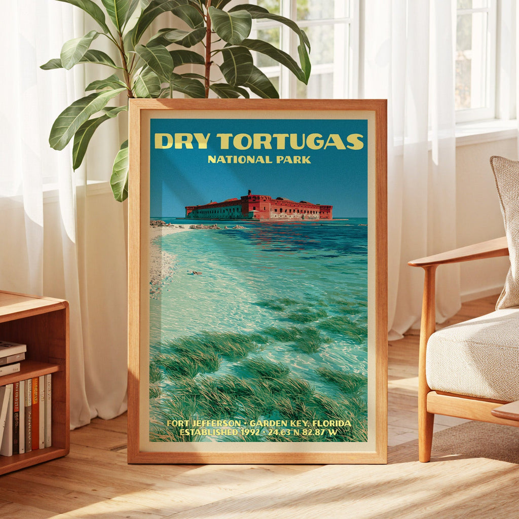 Dry Tortugas vintage poster in oak, leaning by a sunlit window with sheer curtains and a low bookshelf
