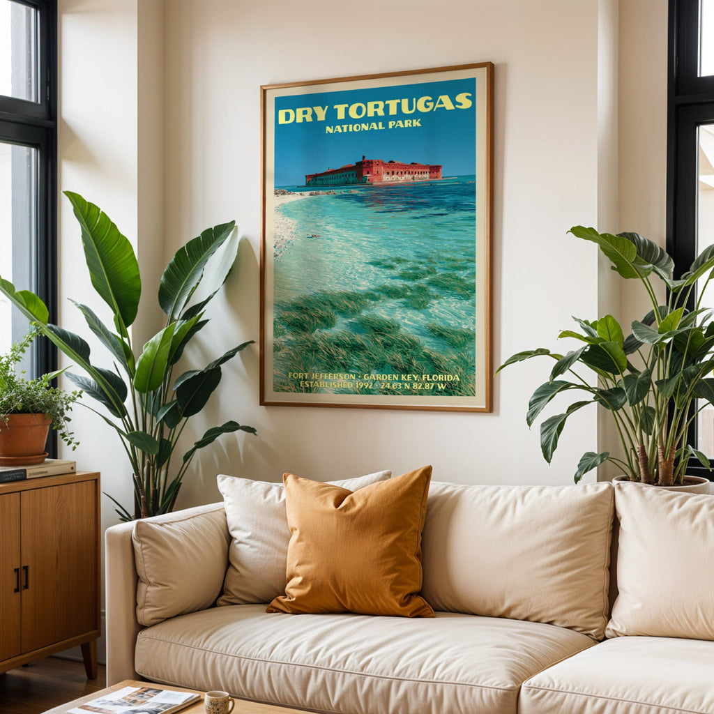 Dry Tortugas vintage travel print in oak above a cream sofa with a rust cushion and tall houseplants