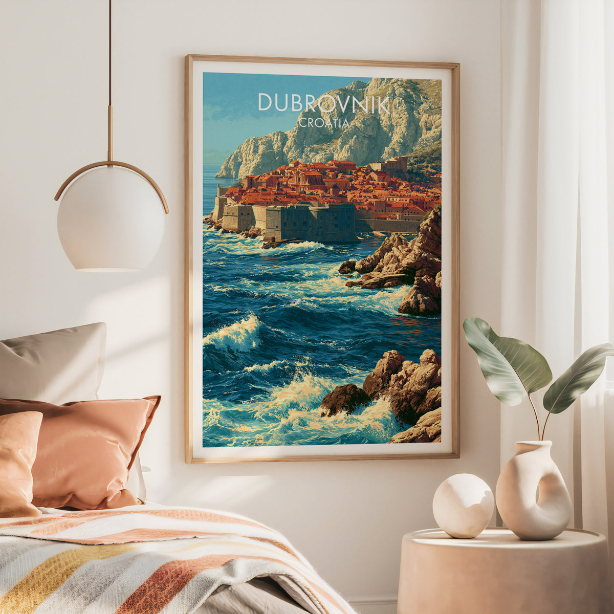 Croatia coastal wall art, large oak frame above a bed with rust bedding and a brass globe pendant