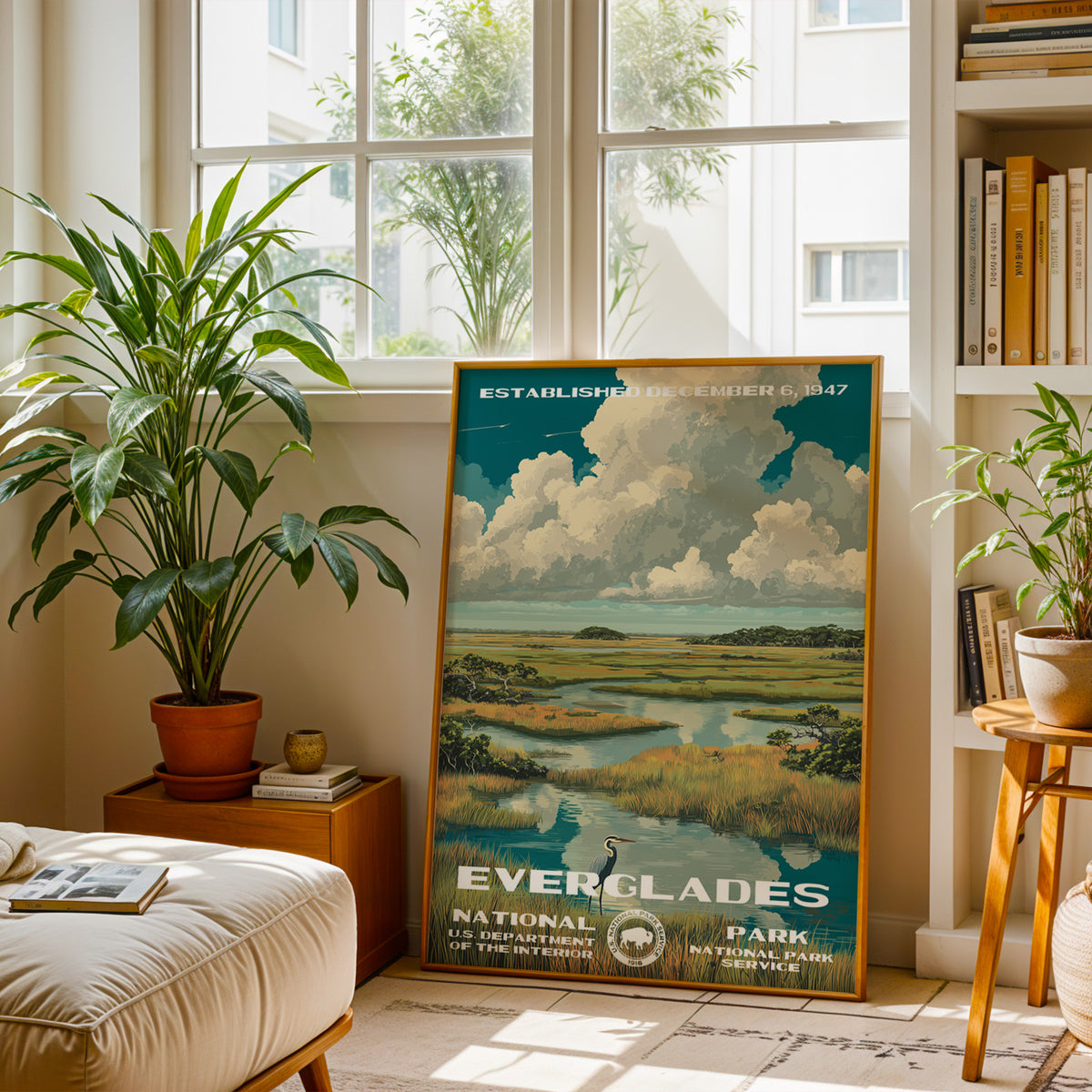 Everglades National Park travel print leaning on a bench by a sunny window and bookshelves