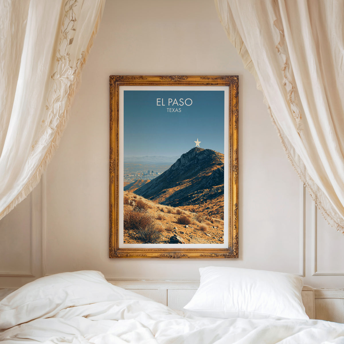 Star on the Mountain poster in a carved gold frame above a white bed with linen canopy curtains