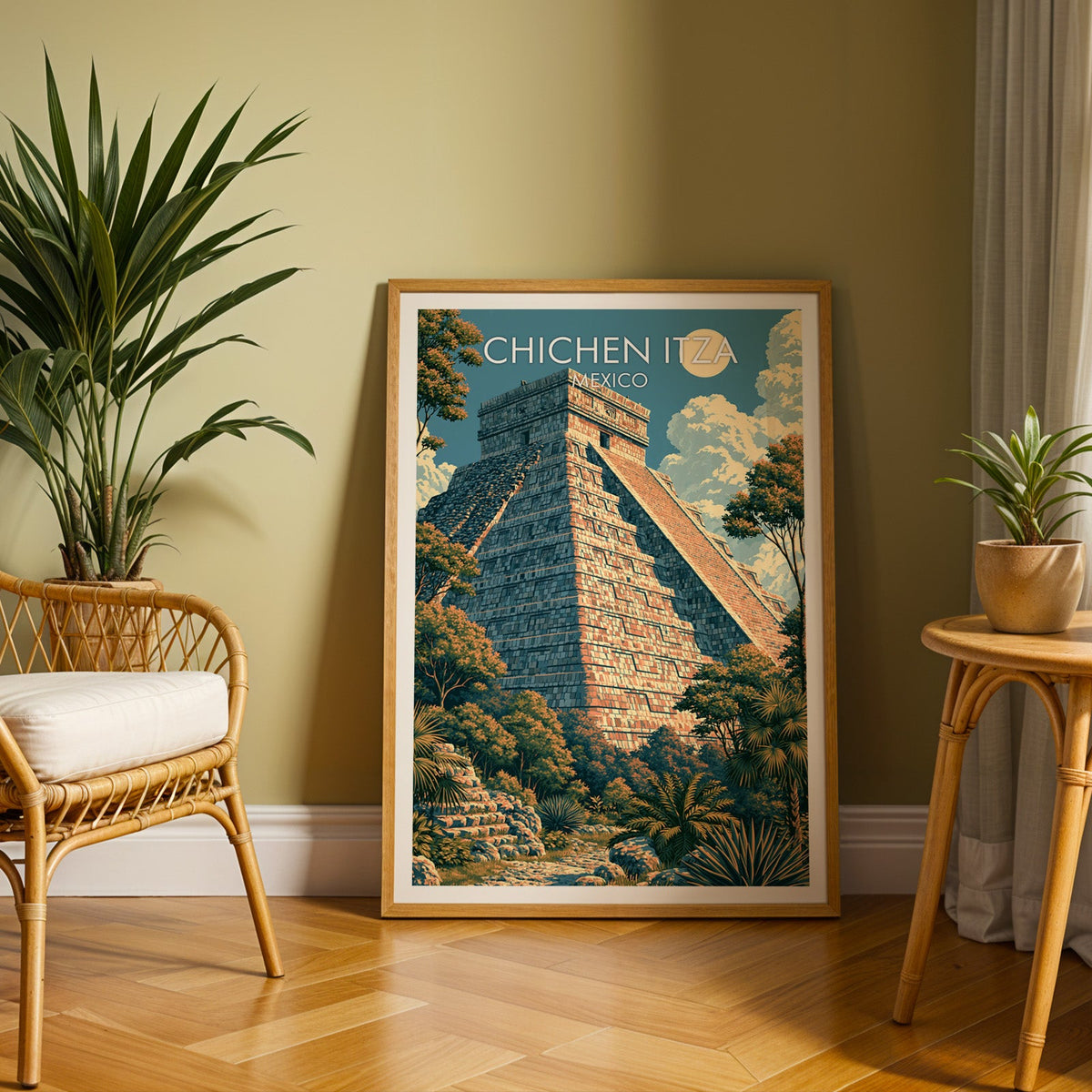 Maya stepped temple poster in an oak frame leaning on herringbone parquet, olive wall, rattan chair and cane table