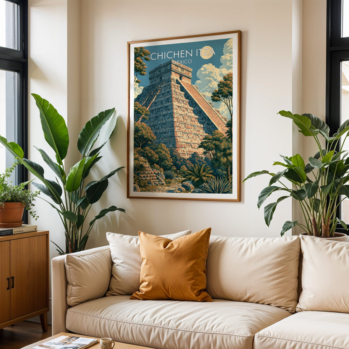 Jungle-framed Chichen Itza art in an oak frame above a cream sofa with a burnt-orange cushion and tall plants
