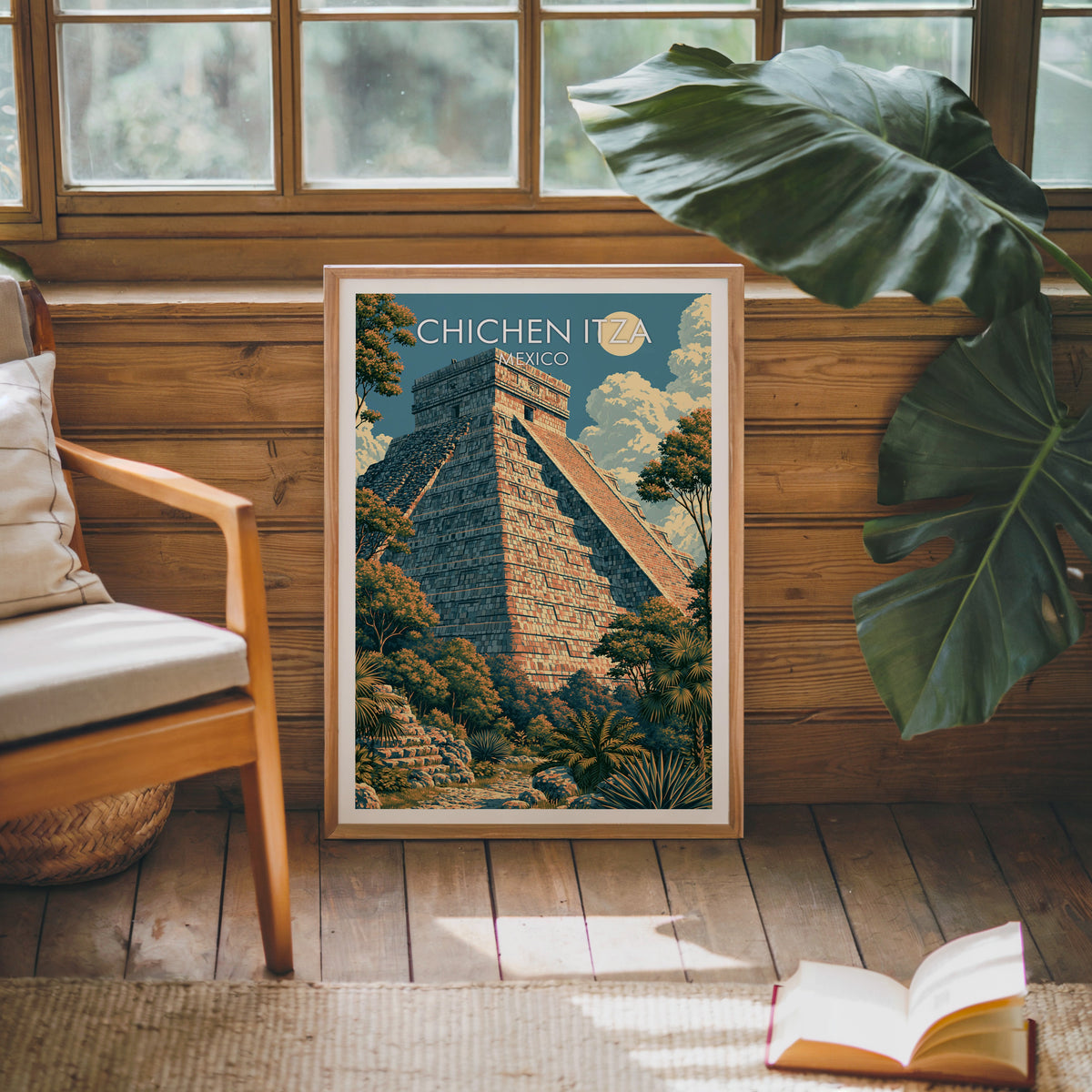 El Castillo in a pine cabin, oak frame leaning by a wooden armchair, monstera leaf and jute rug