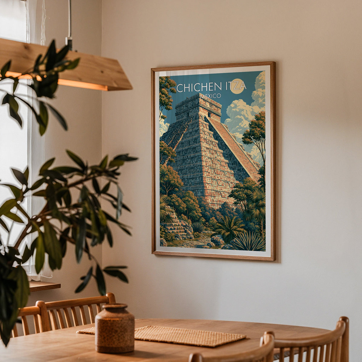 Apricot and slate stone poster in an oak frame in a dining corner with oak table and wood pendant lamp